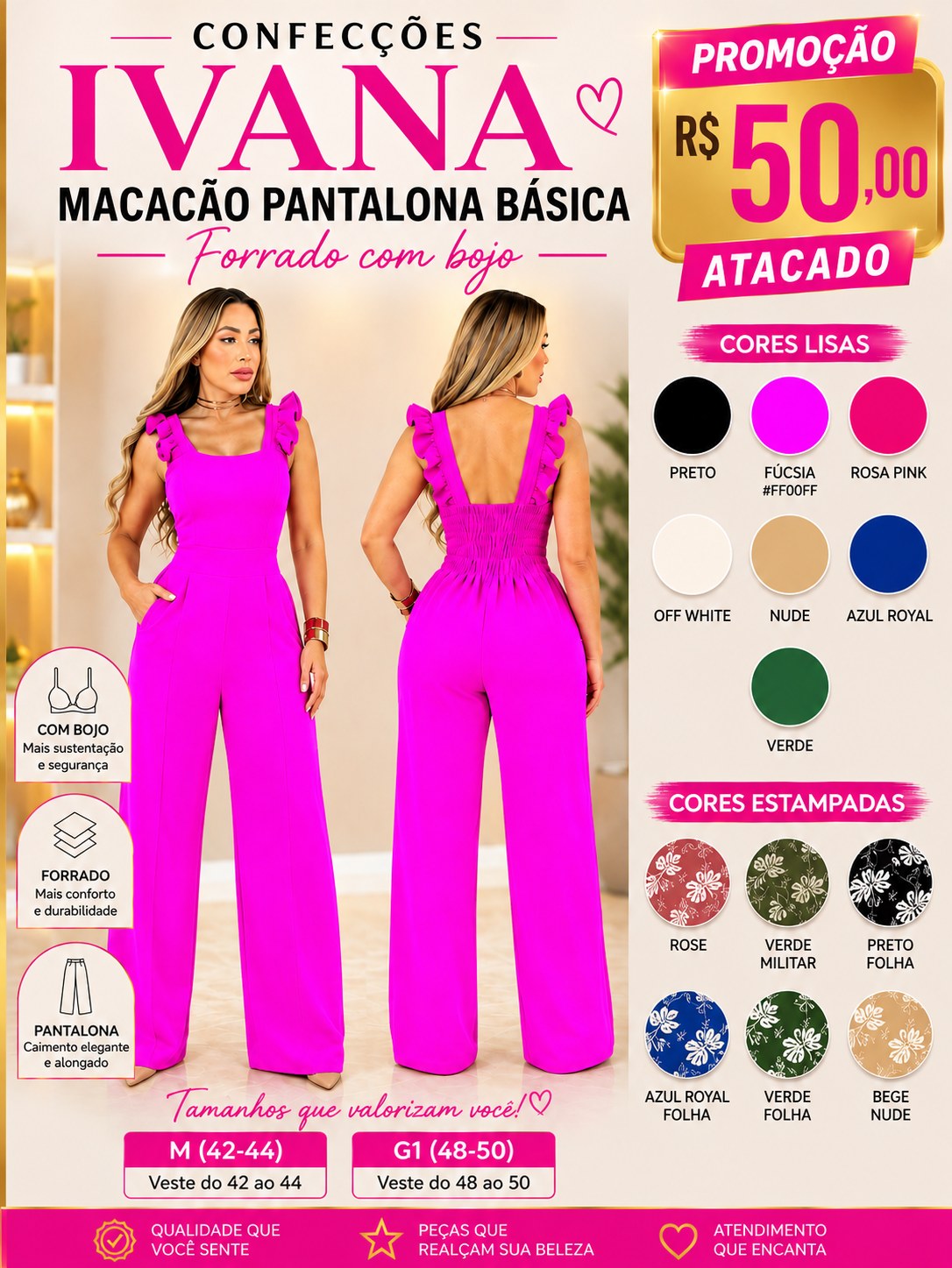 Macacão com pantalona básica forrado com bojo