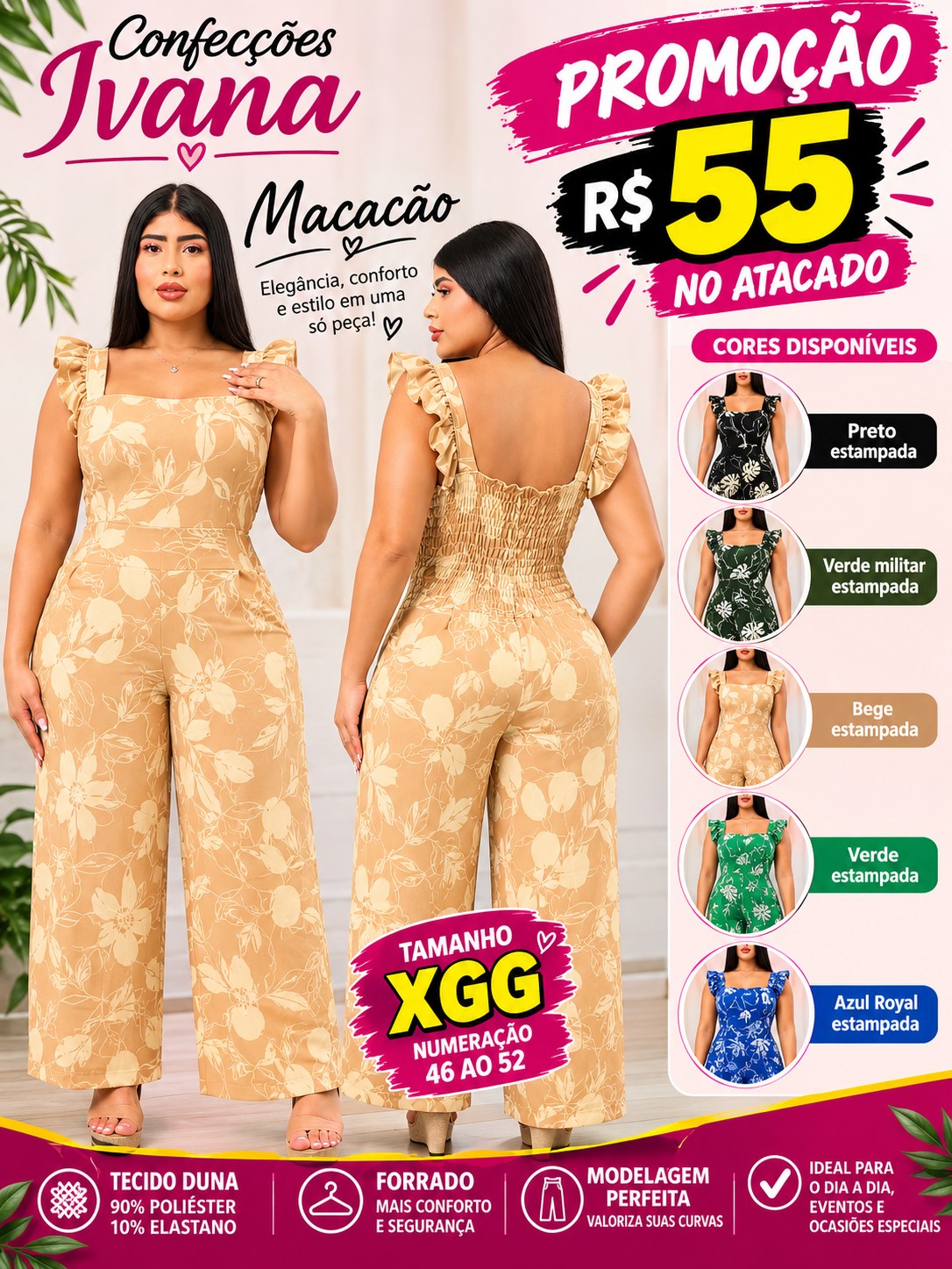 Macacão Plus Size com pantalona básica forrado com bojo