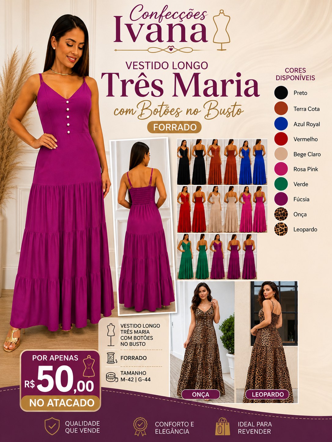 Vestido Longo Três Maria com Botões no Busto