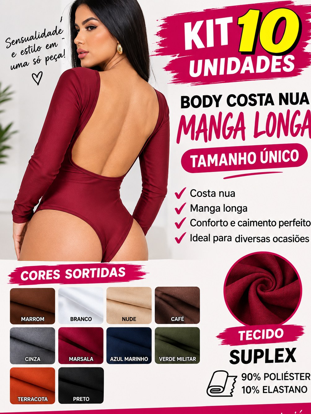 Kit 10 Unidades Body Costa Nua Manga Longa