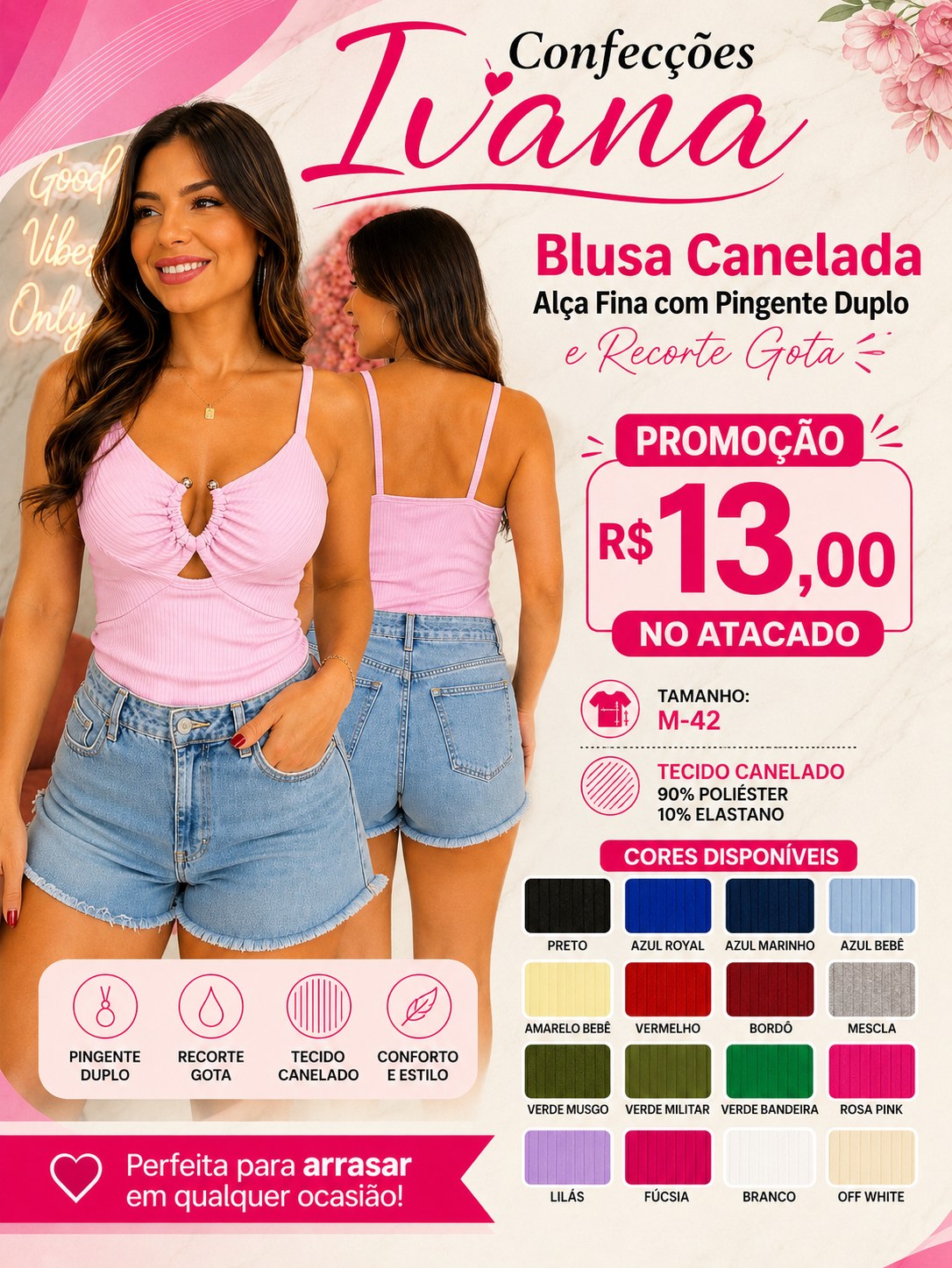 Blusa Canelada Alça Fina com Pingente Duplo e Recorte Gota
