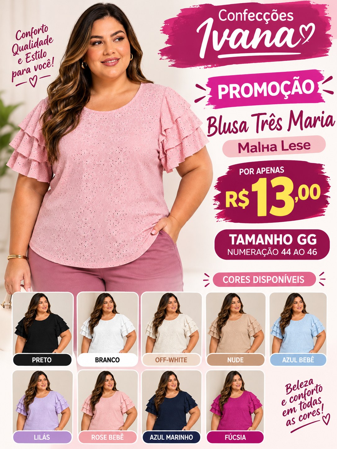 Blusa Três Maria Malha lése Plus Size