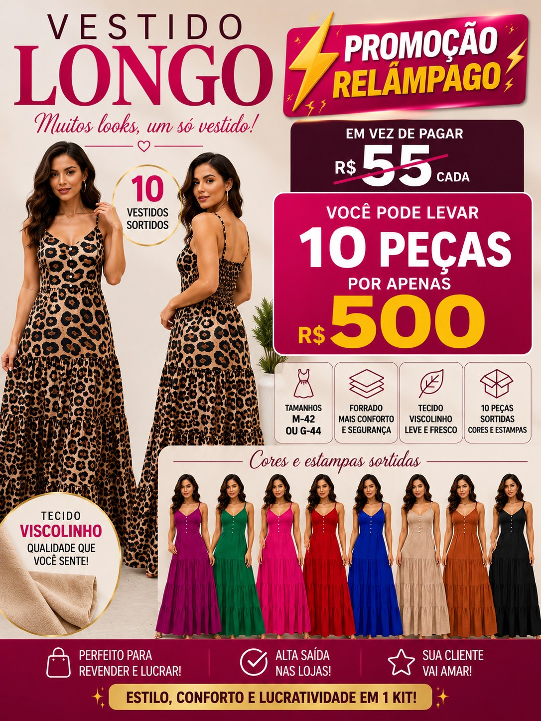 Vestido Longo com Botões no busto tecido viscolinho