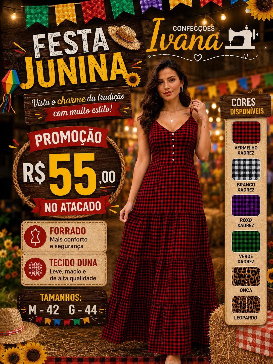Vestido Longo Xadrez com Botões no Busto