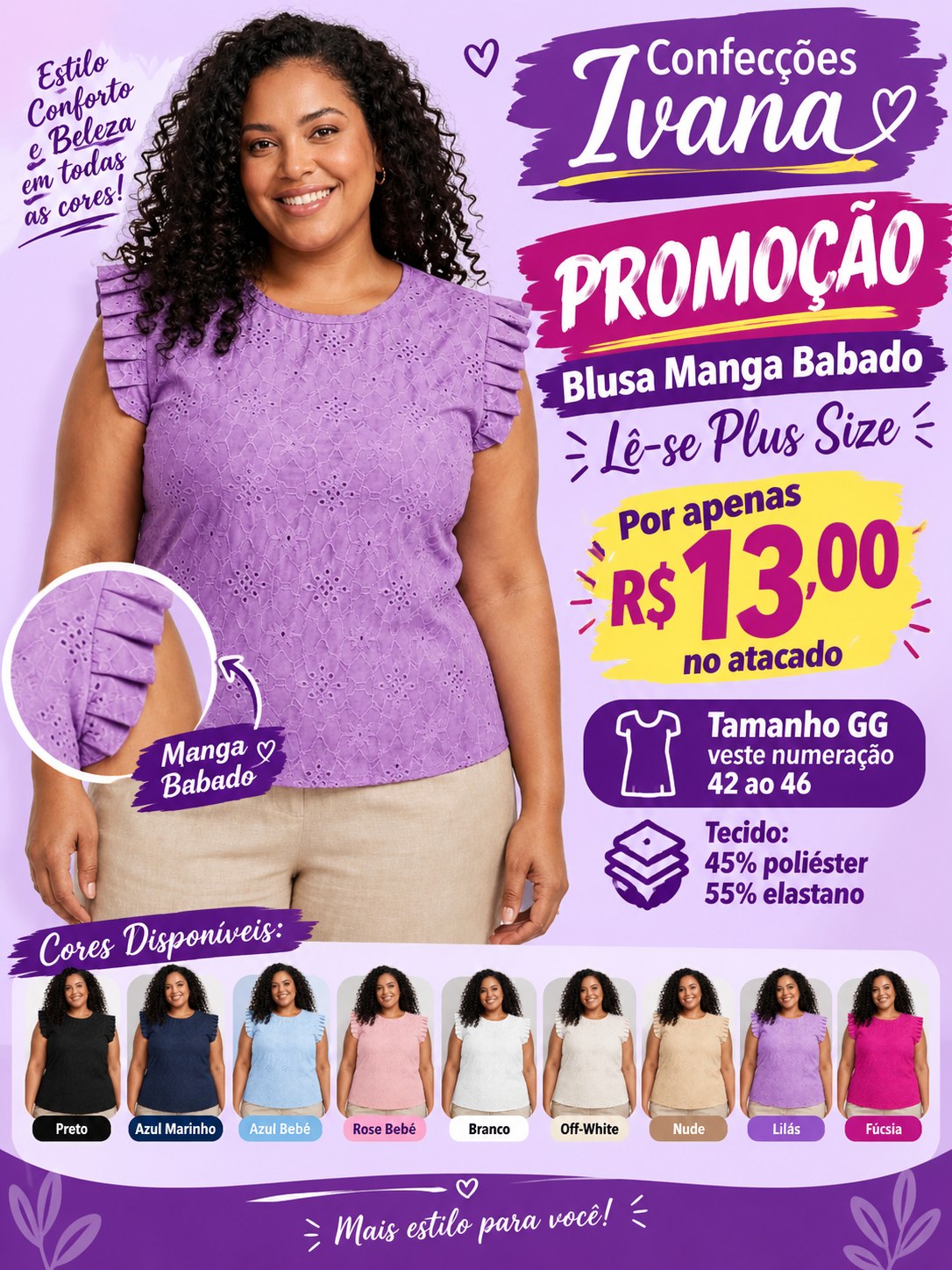 Blusa Manga Babado malha Lê-se Plus Size