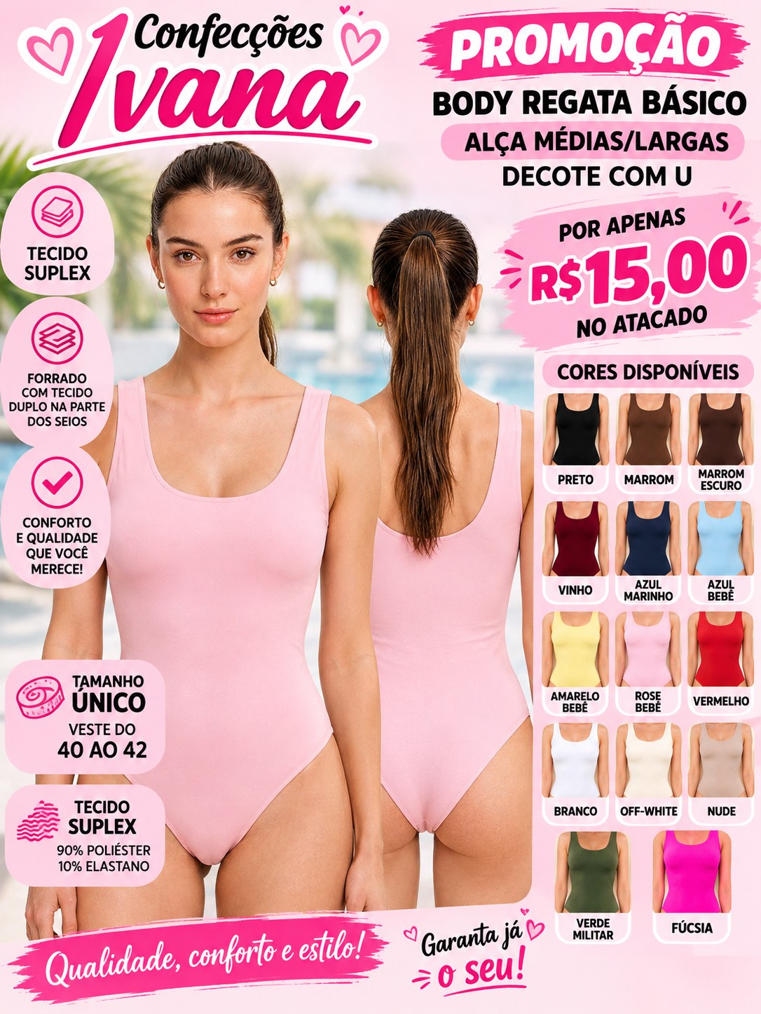 Body Regata Básica Alça médias/Largas Decote com U