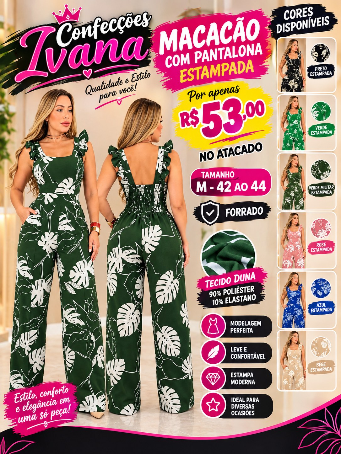 Macacão Estampada com pantalona básica forrado com bojo