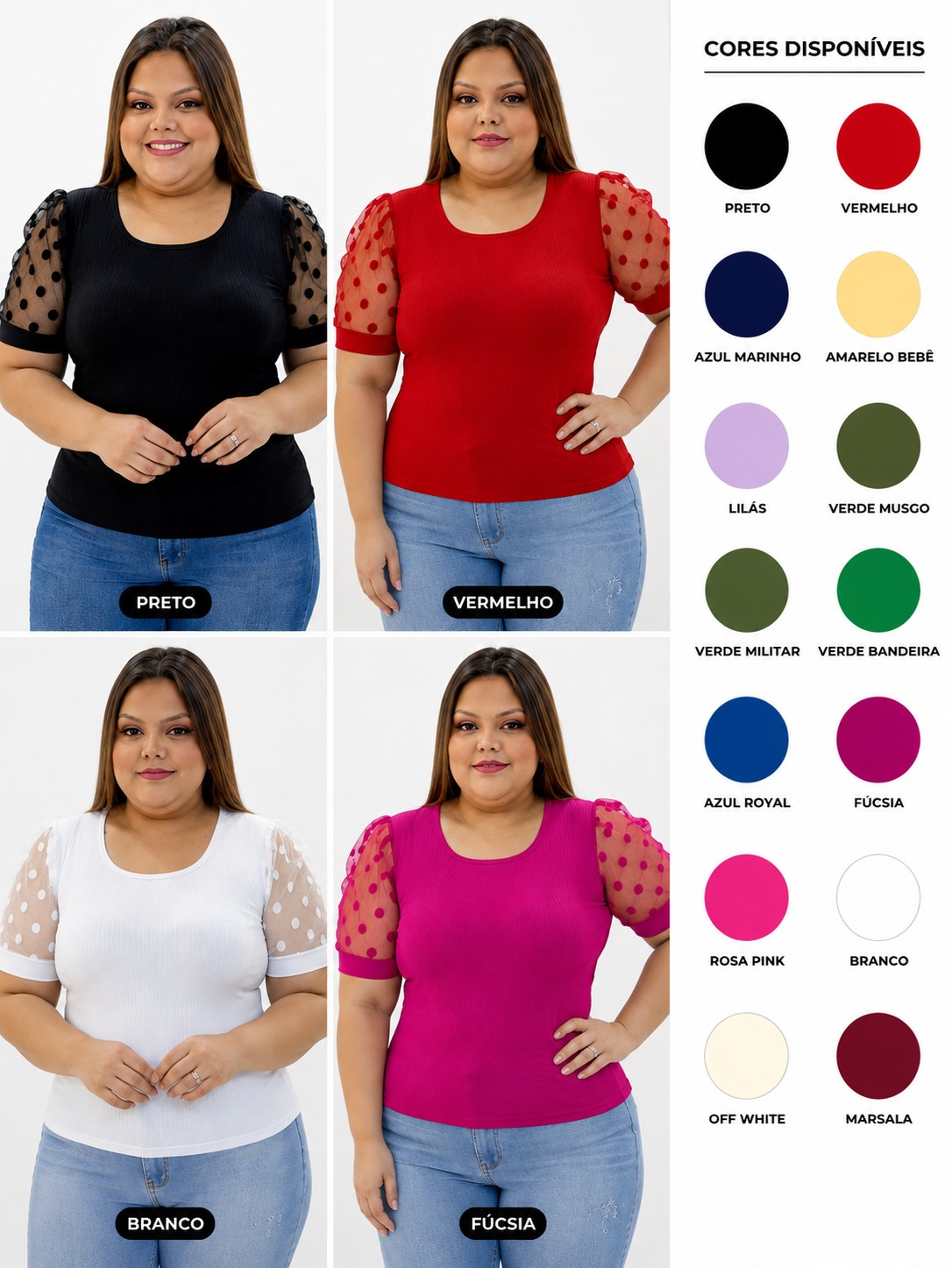 Blusas Manga Tule Canelada Blusinha Plus Size Tule Poá