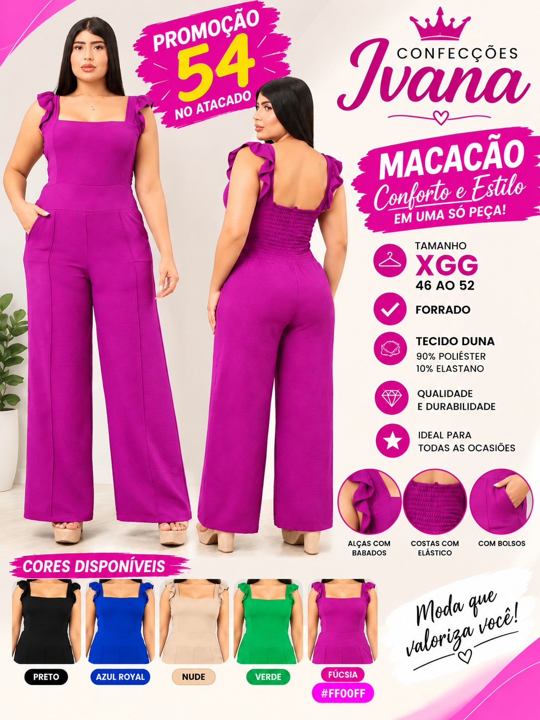 Macacão Plus Size com pantalona básica forrado com bojo
