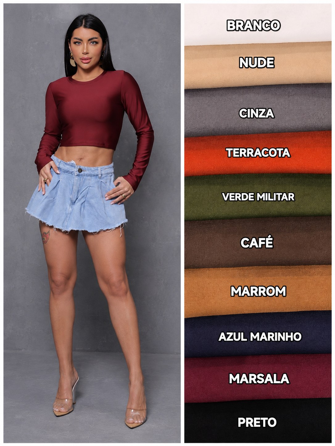 Kit 10 Unidades Cropped Gola Careca Manga Longa