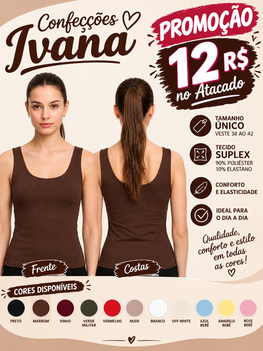 Blusa Regata Básica Alça médias/Largas Decote com U