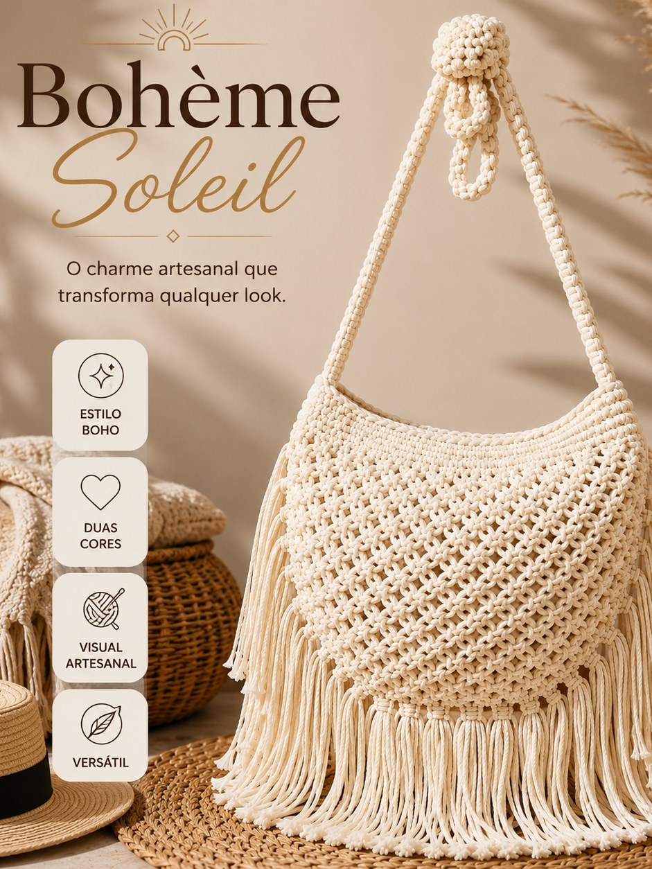 Bolsa Feminina Bohème Soleil em Crochê com Franjas