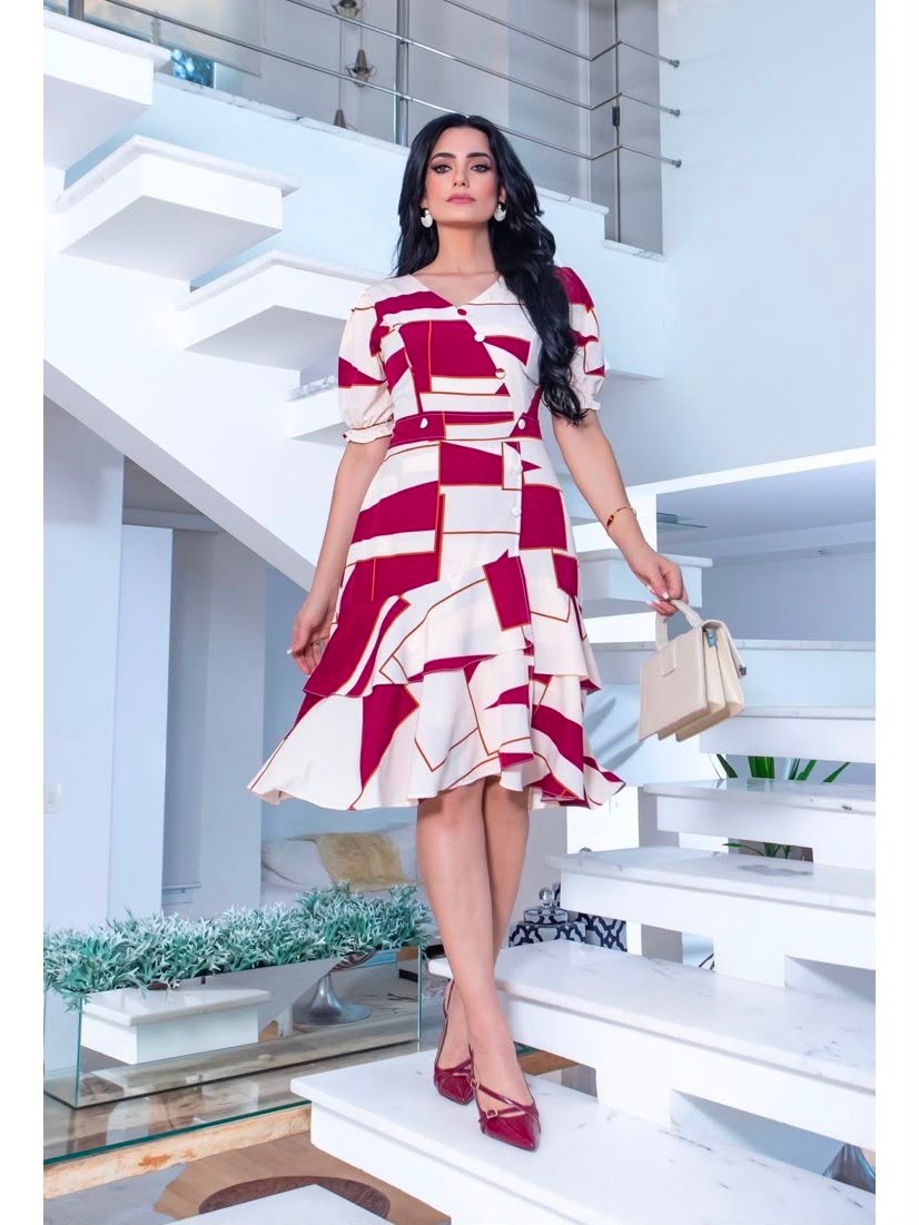 Vestido midi massala  com babado manga bufante