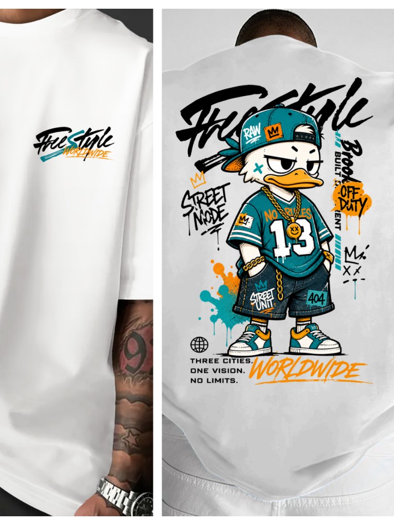 Camiseta 100% Algodão com Estampado de Pato e Manchas