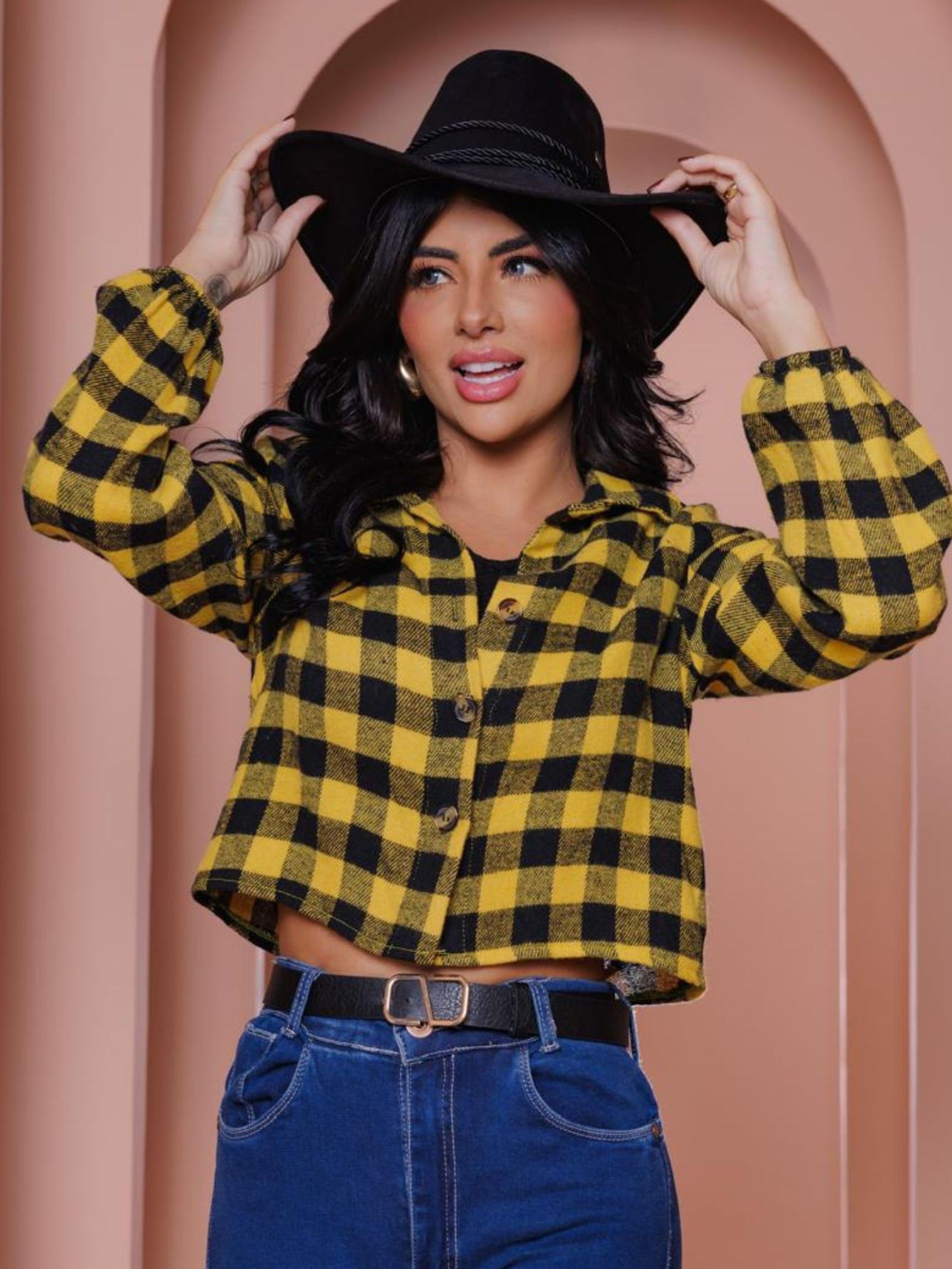 Blusa Cropped Xadrez LIONJIE Para Meninas - Com Laço Frontal E Manga Flutter