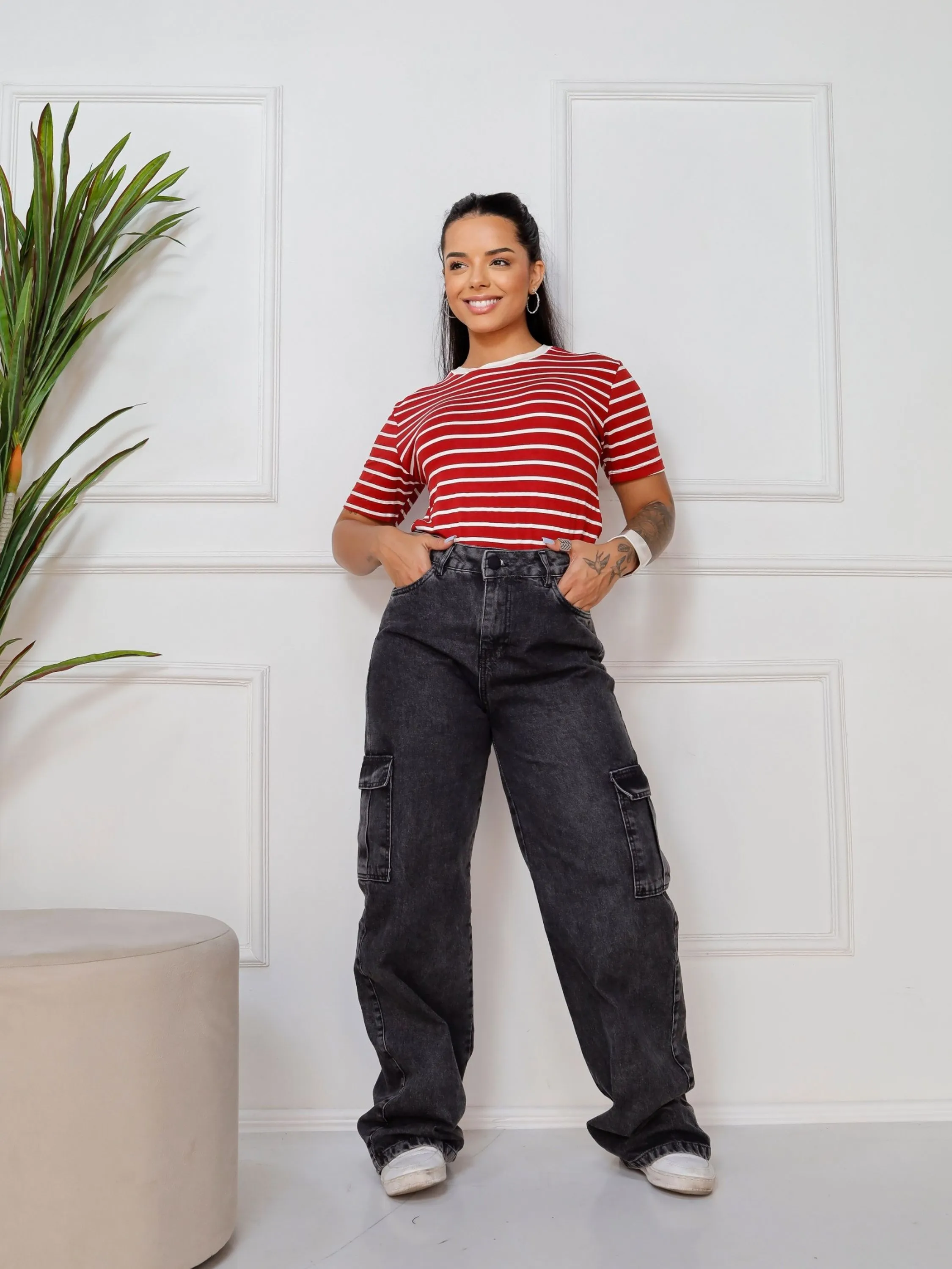 Calça Jeans wide leg Cargo Grafite