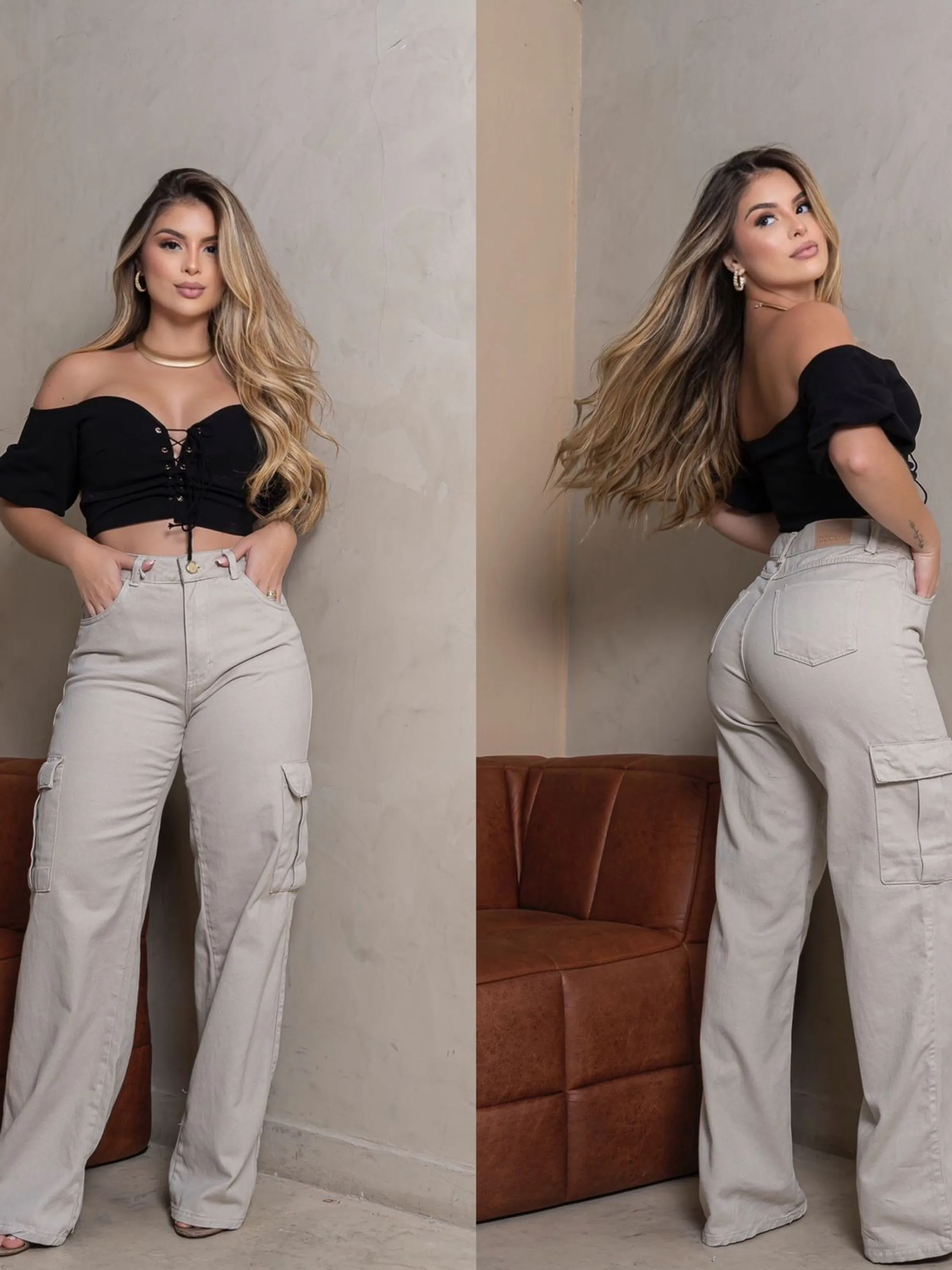 Calça Feminina wide leg cargo Areia