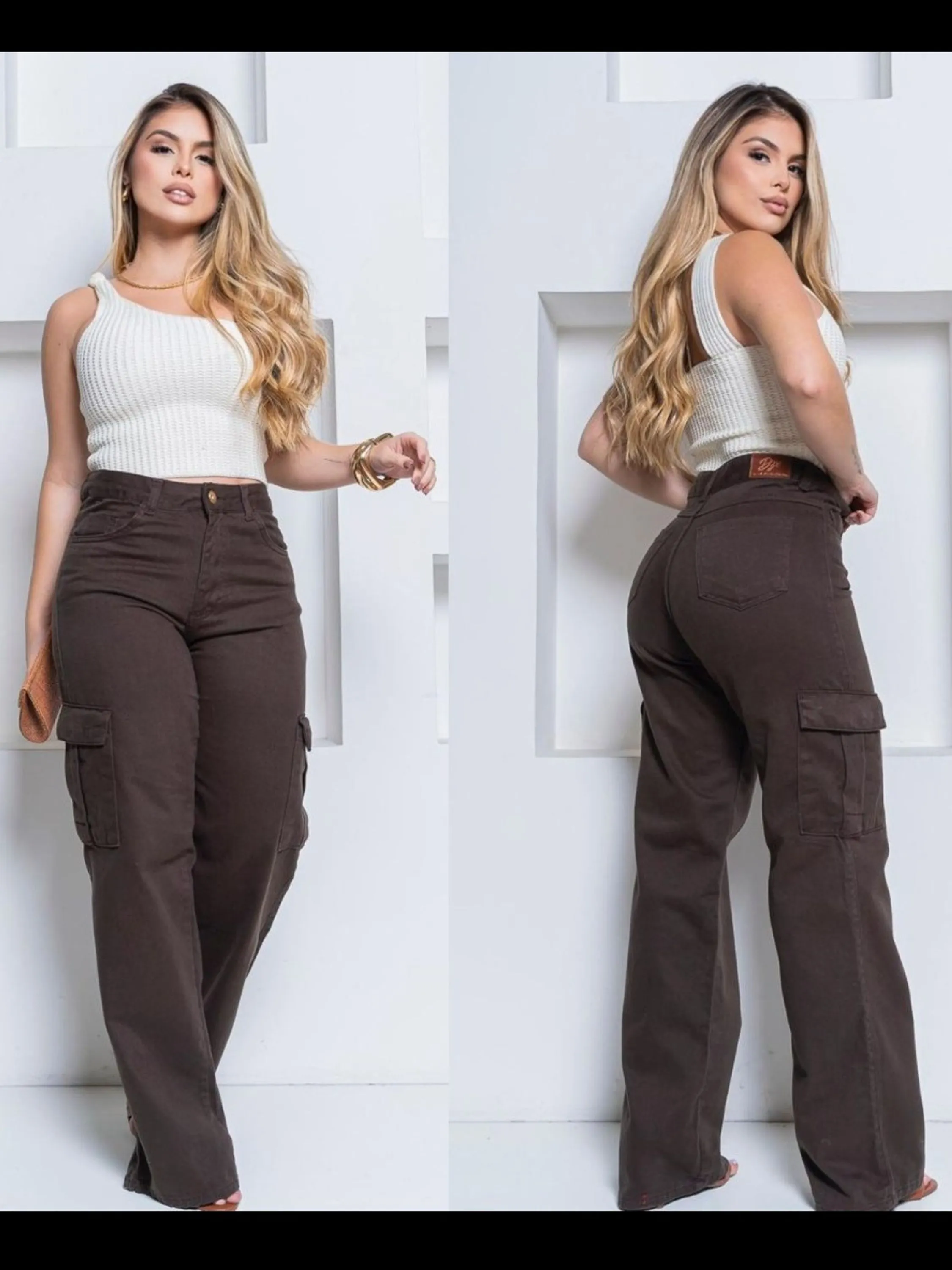 Calça Feminina Wide Leg Cargo Marron