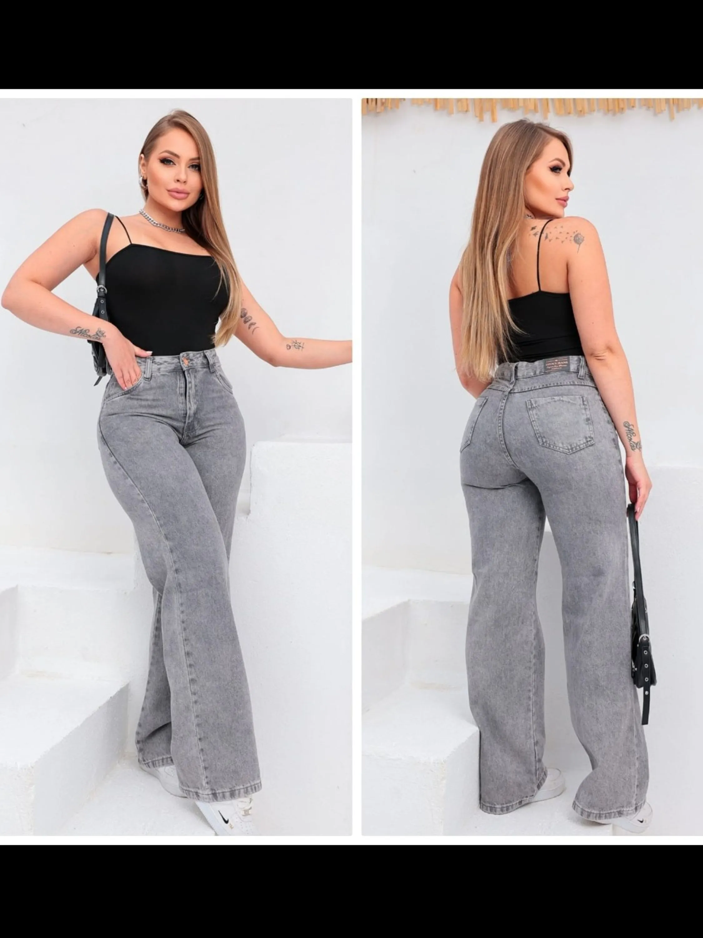 Calça Jeans wide leg Grafite 100% Algodão