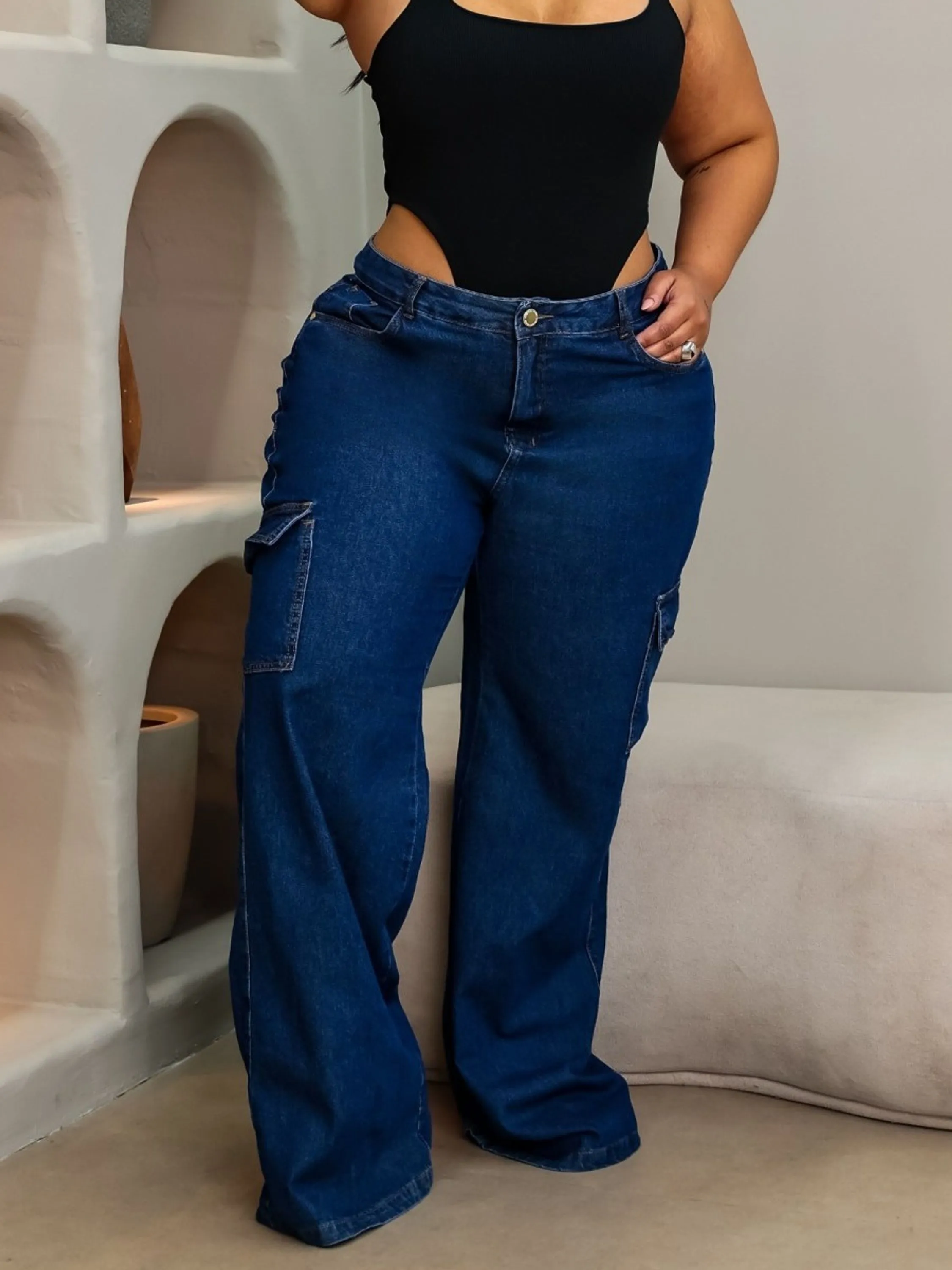 Calça Jeans Wide Leg Cargo Plus size