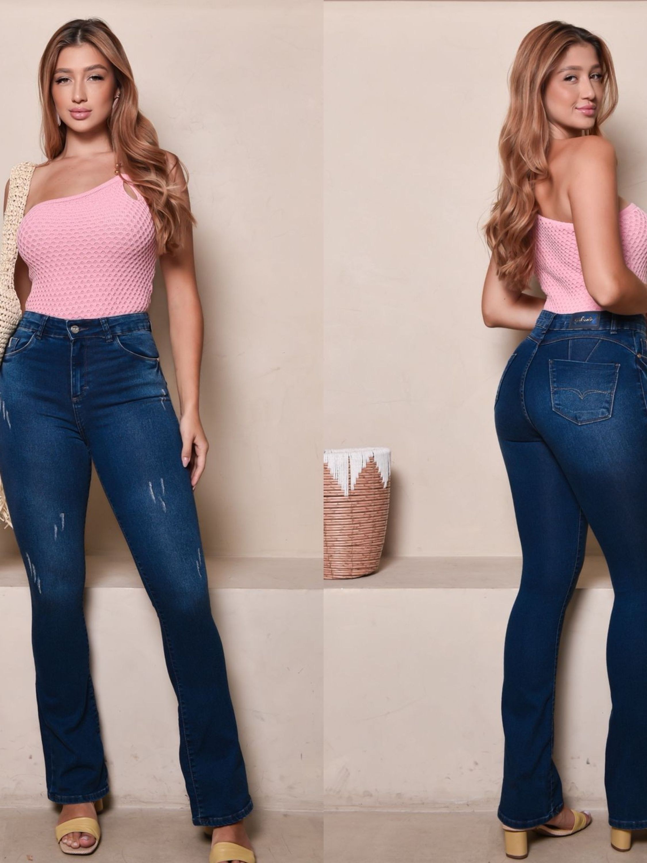 Calça Jeans flare cintura alta com lycra