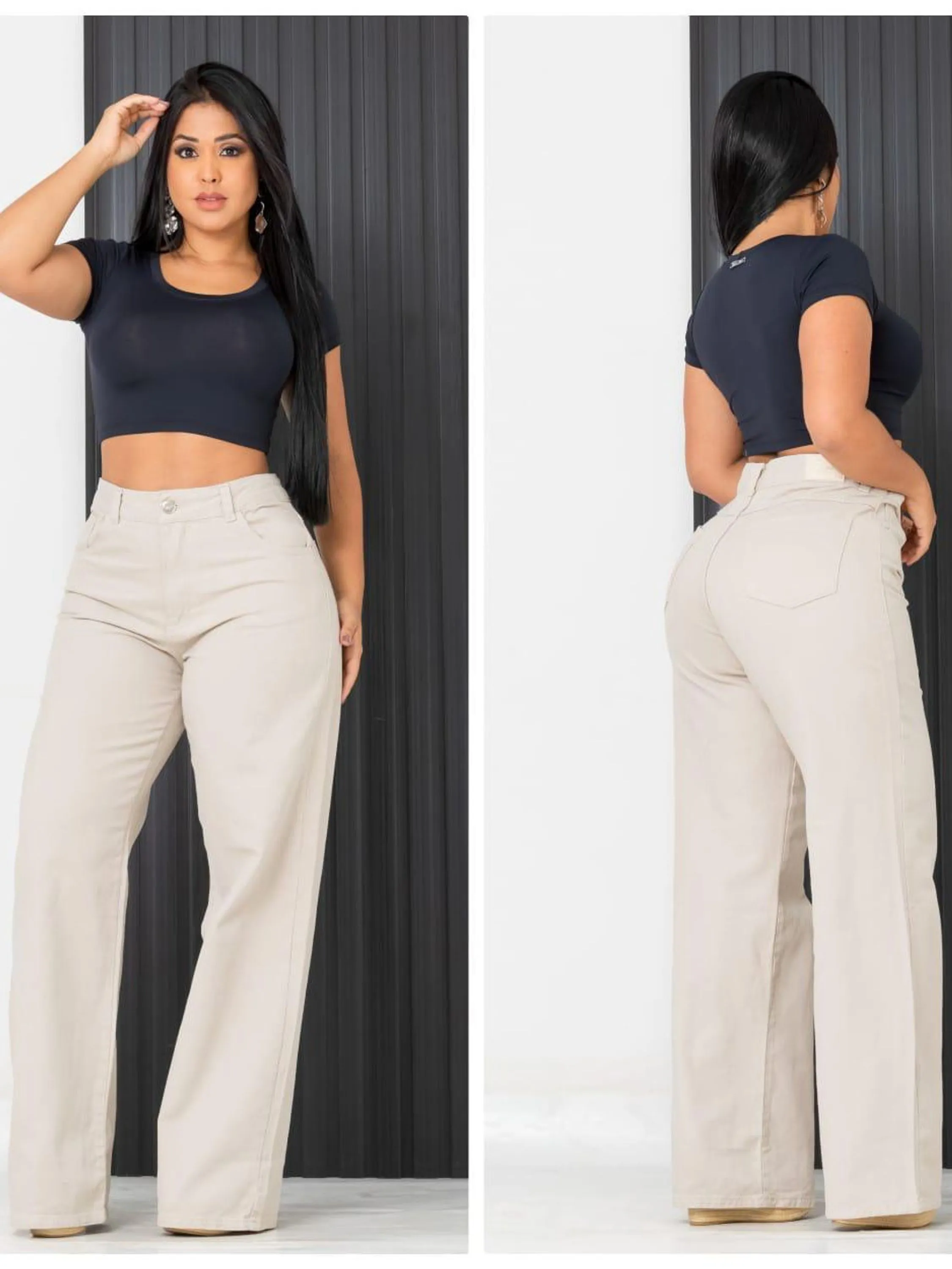 Calça  Feminina Wide leg Bege Cintura alta