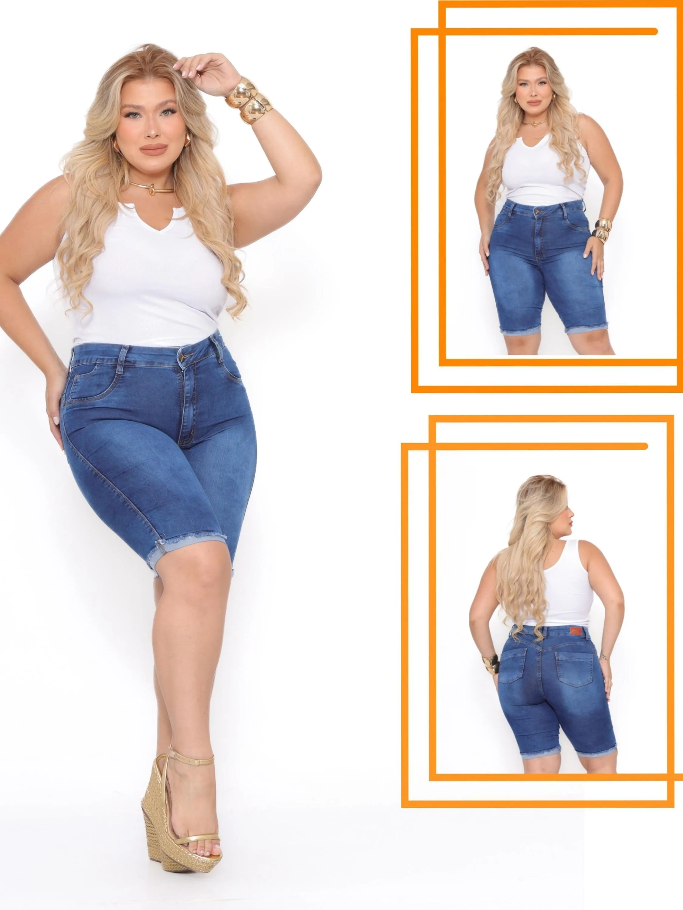 Bermuda Jeans Feminina Meia Coxa barra virada