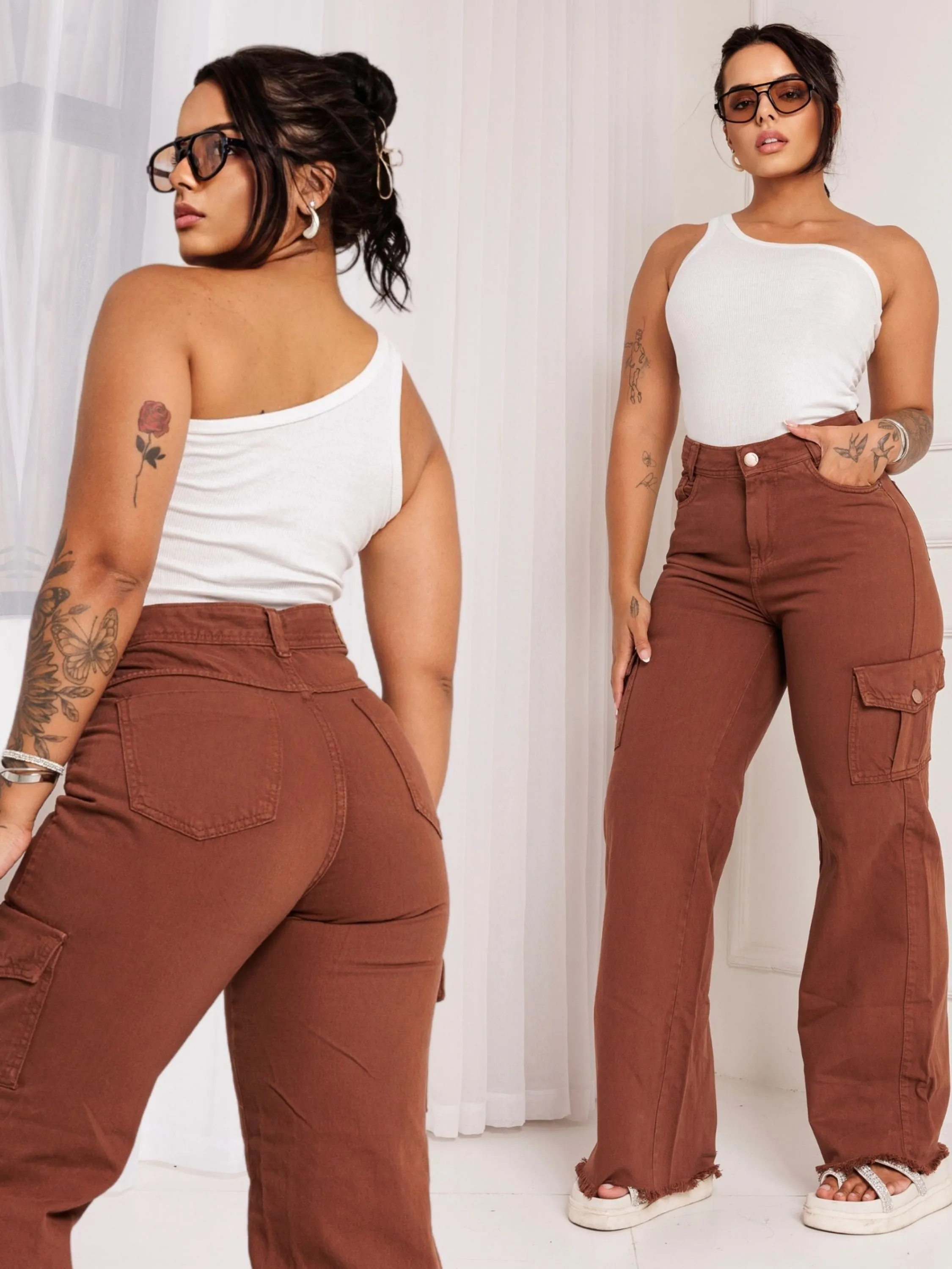 Calça  Feminina Wide leg Cargo  Sarja sem lycra