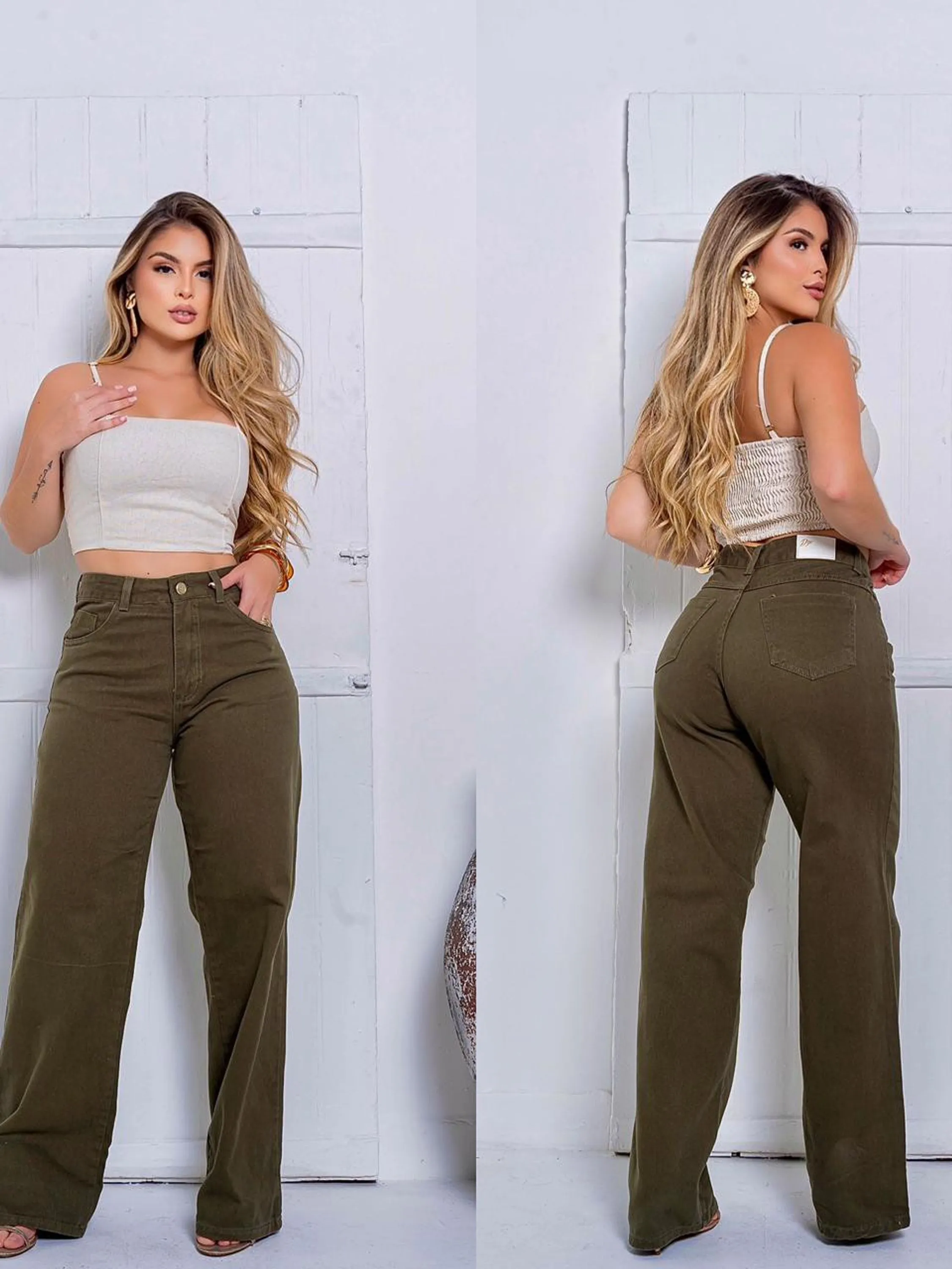 Calça Feminina Wide leg Verde Militar Cintura Alta