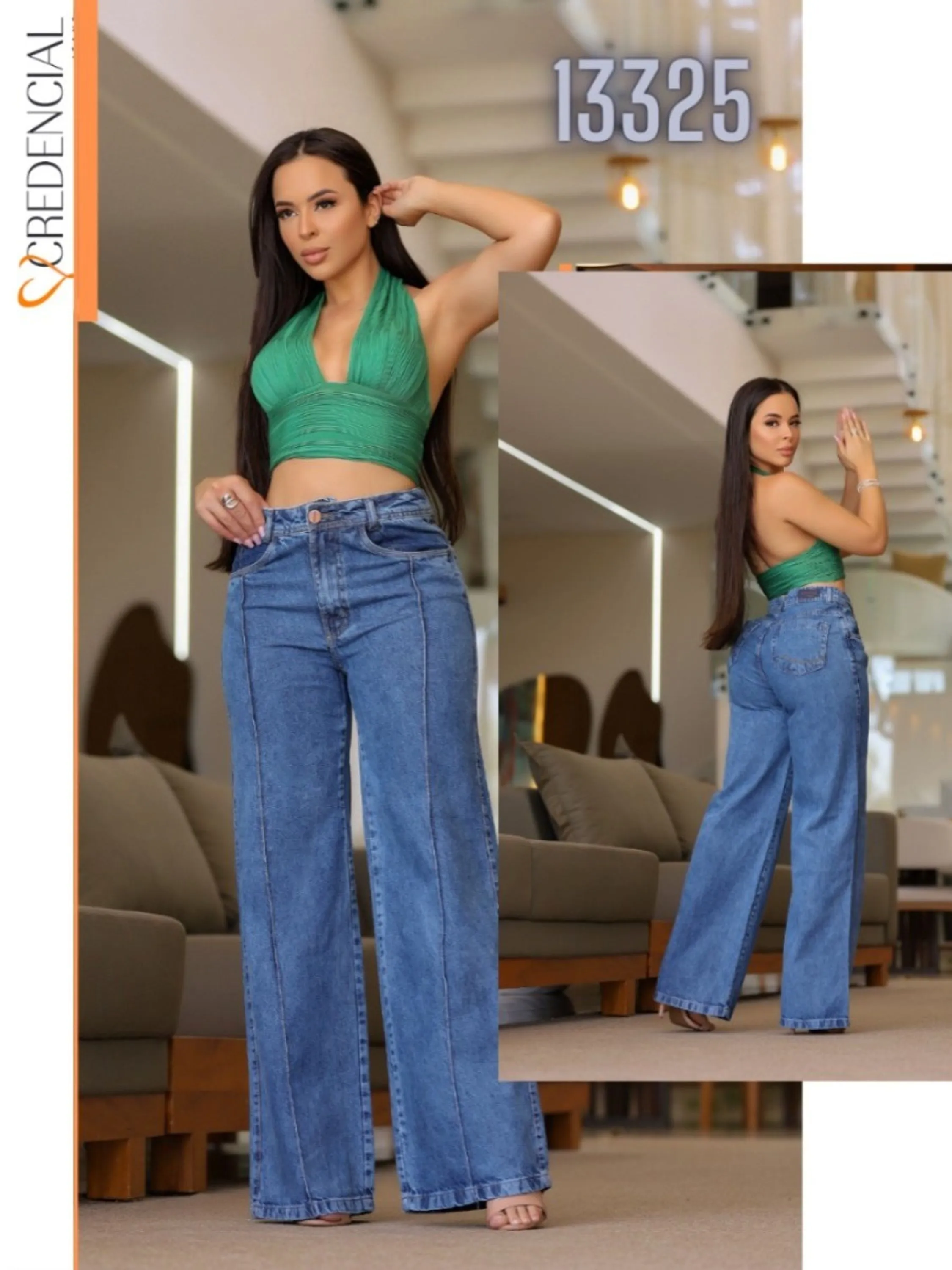 Calça Jeans wide leg com detalhe de costura frontal