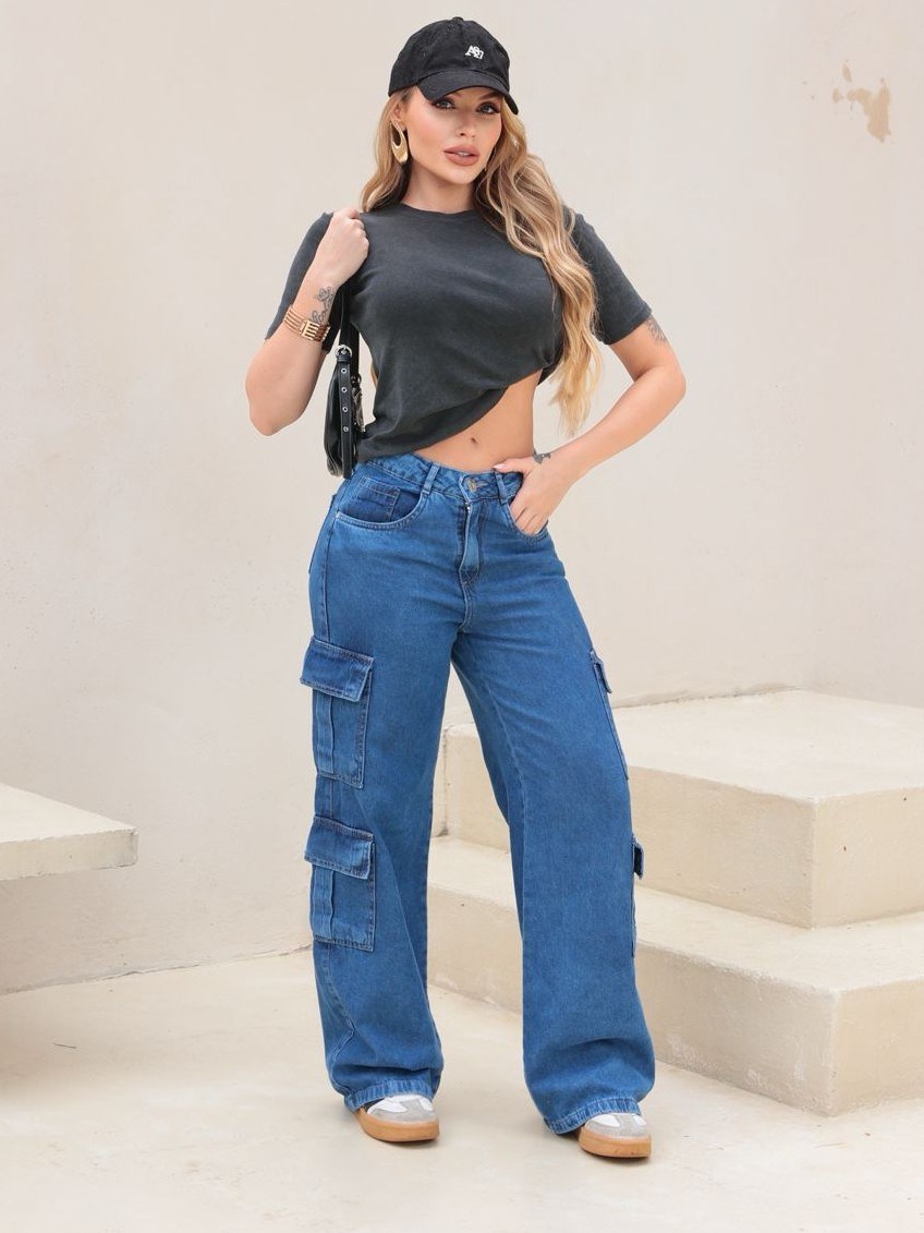 Calça Jeans feminina wide leg cargo