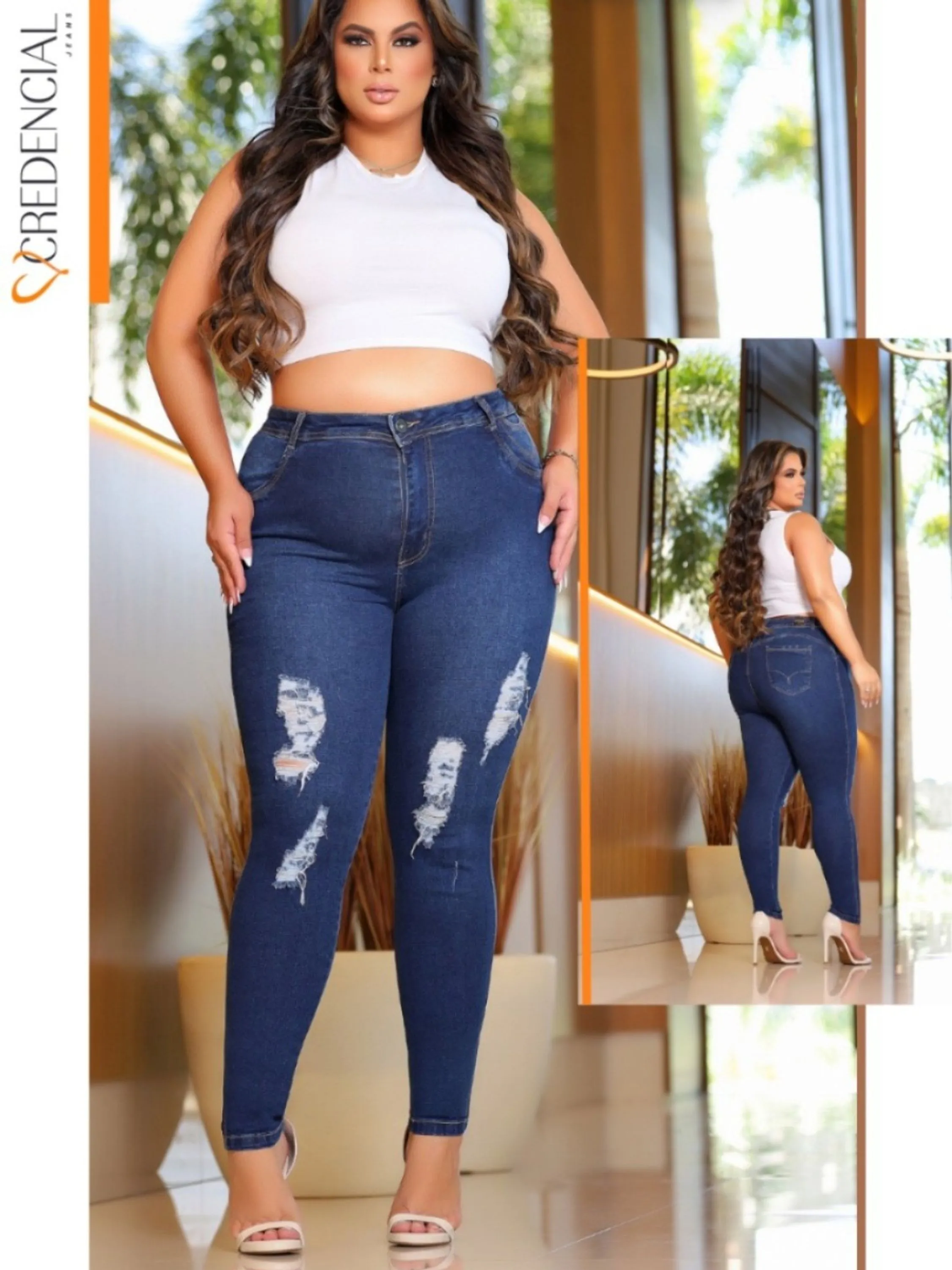 Calça Plus Size Jeans Skinny Rasgada