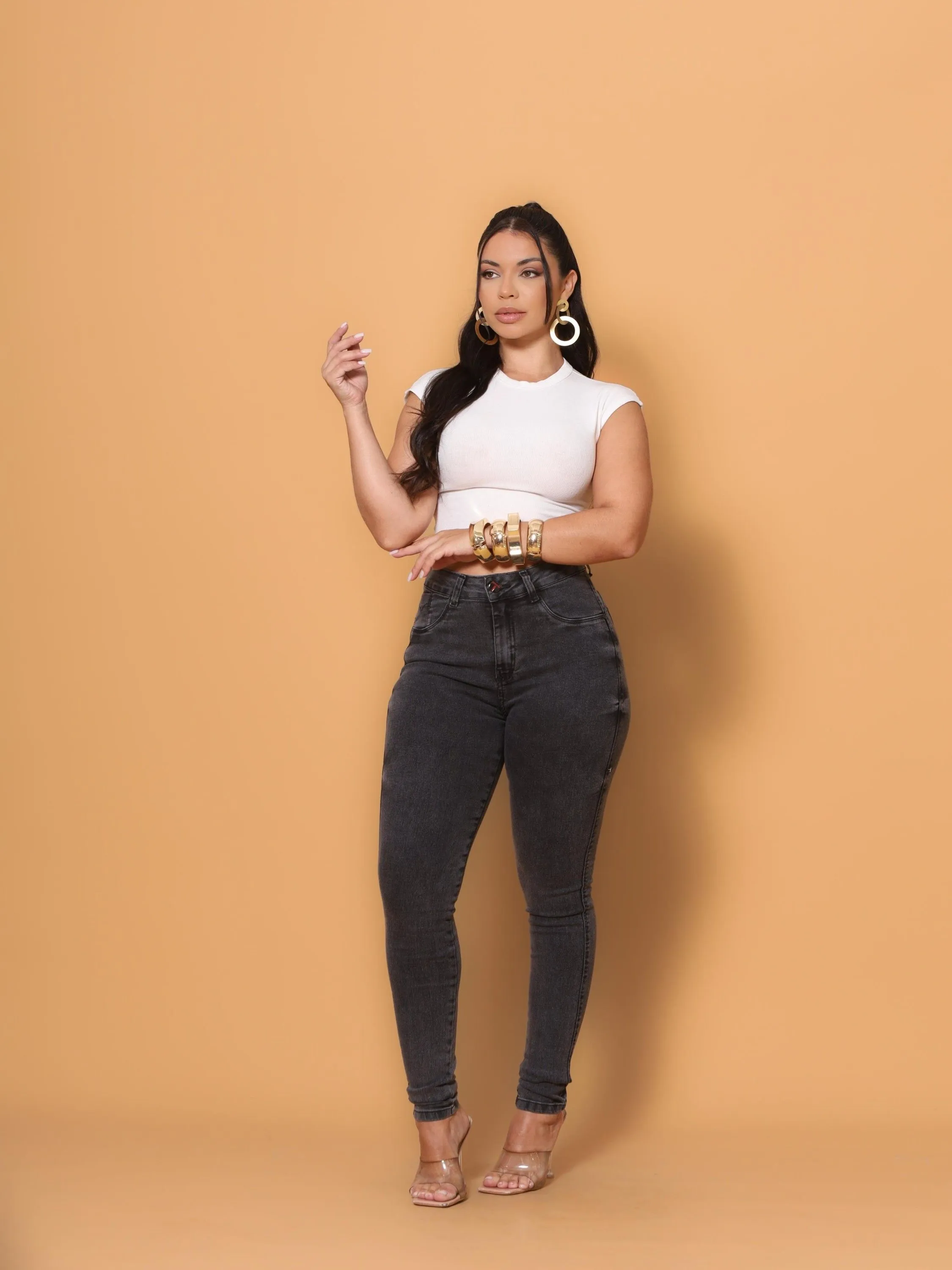 Calça Jeans Skinny Cintura Alta Grafite