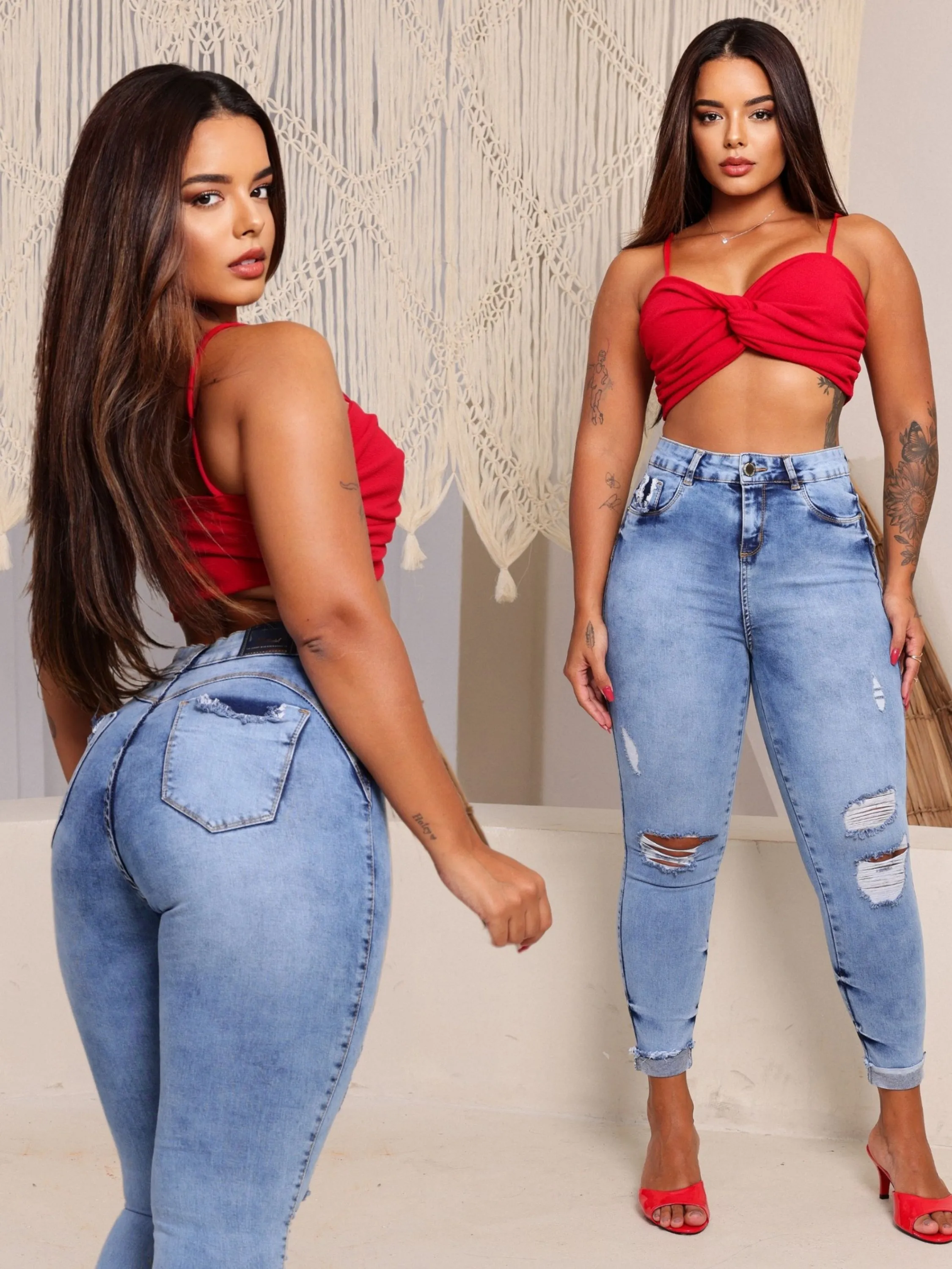 Calça Jeans Skinny Feminina destroyed barra dobrada