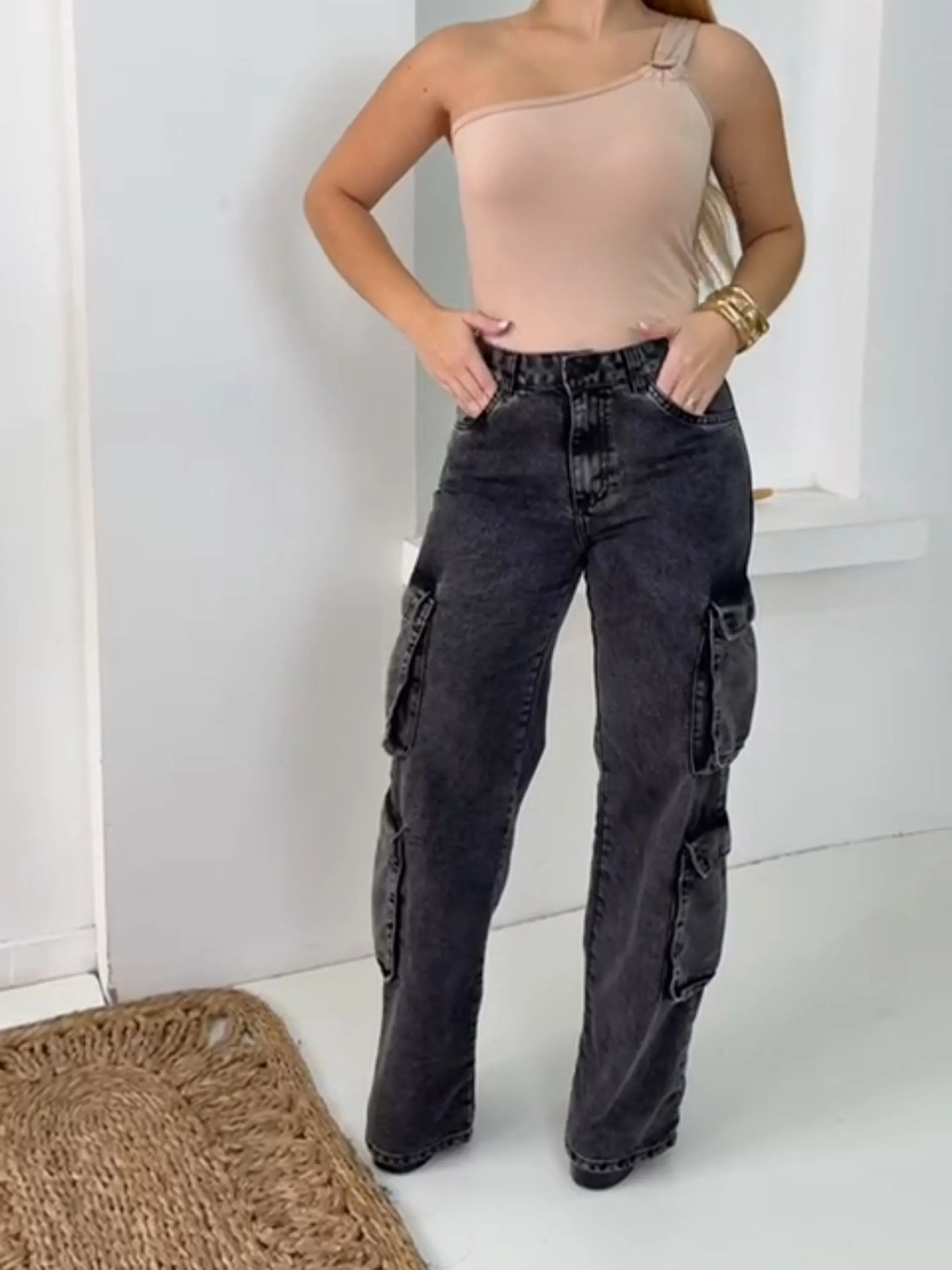 Calça Jeans Wide leg Cargo Grafite