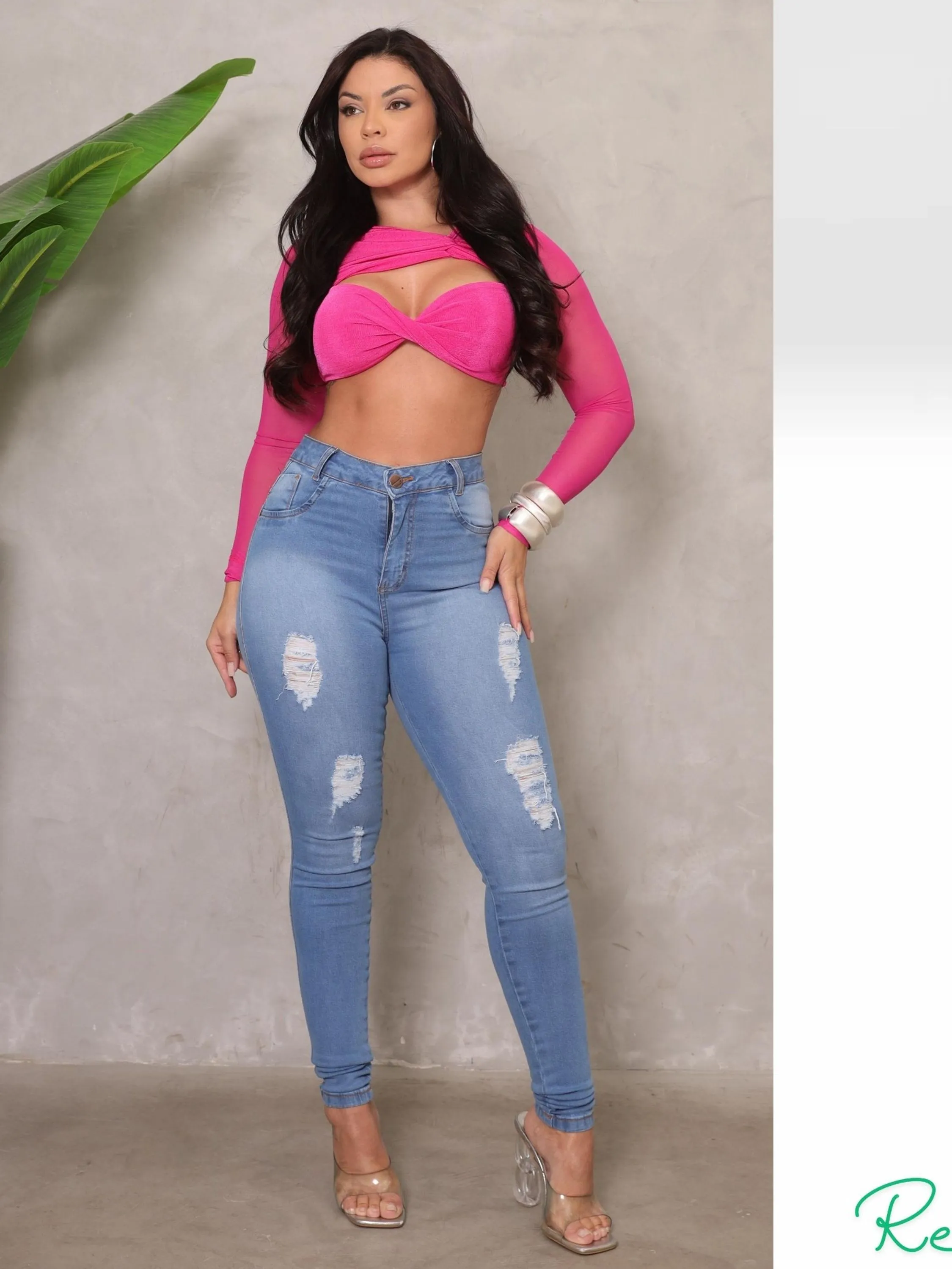 Calça Jeans Skinny Feminina Cintura Alta Rasgada