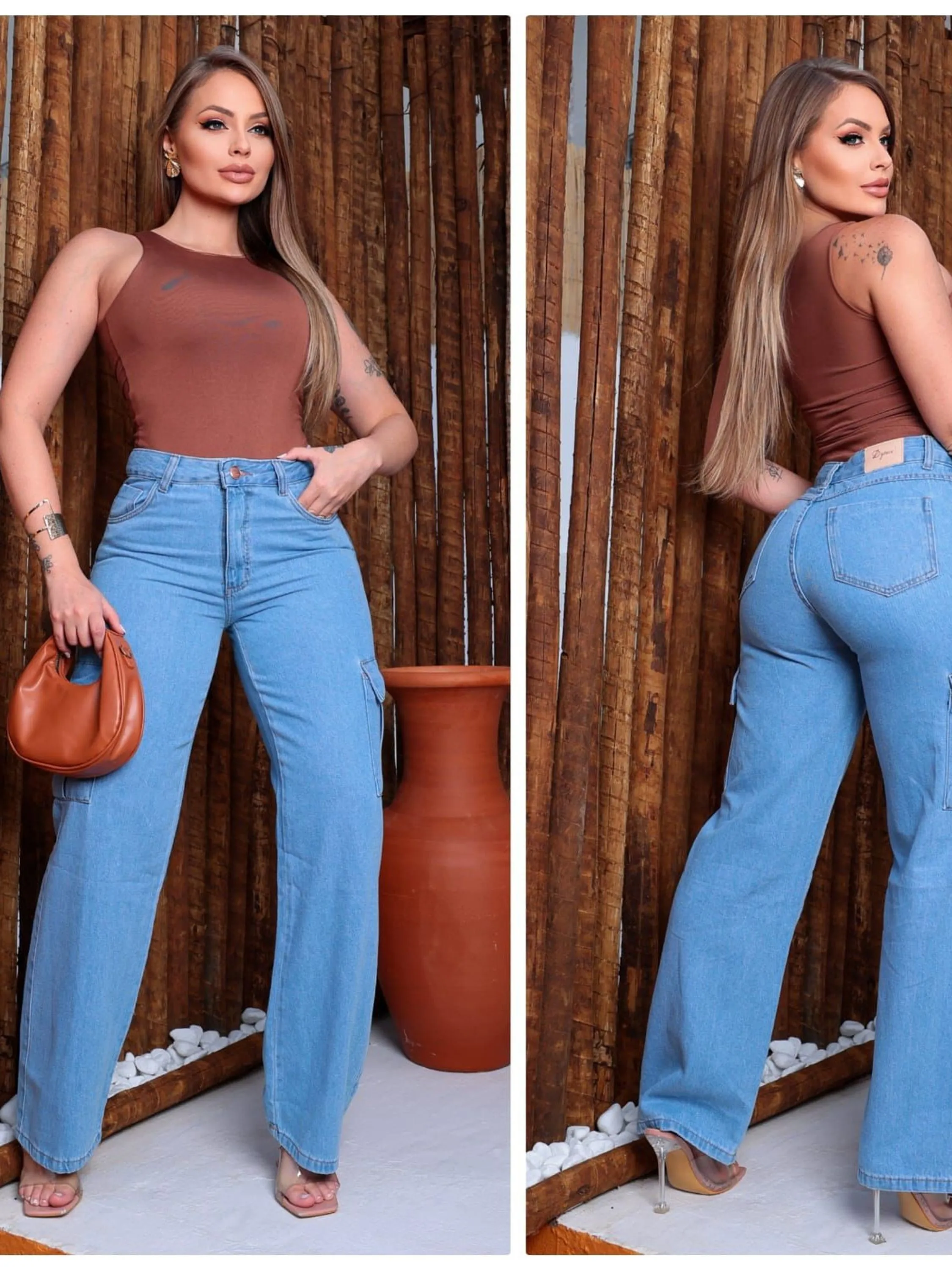 Calça Jeans wide leg Cargo