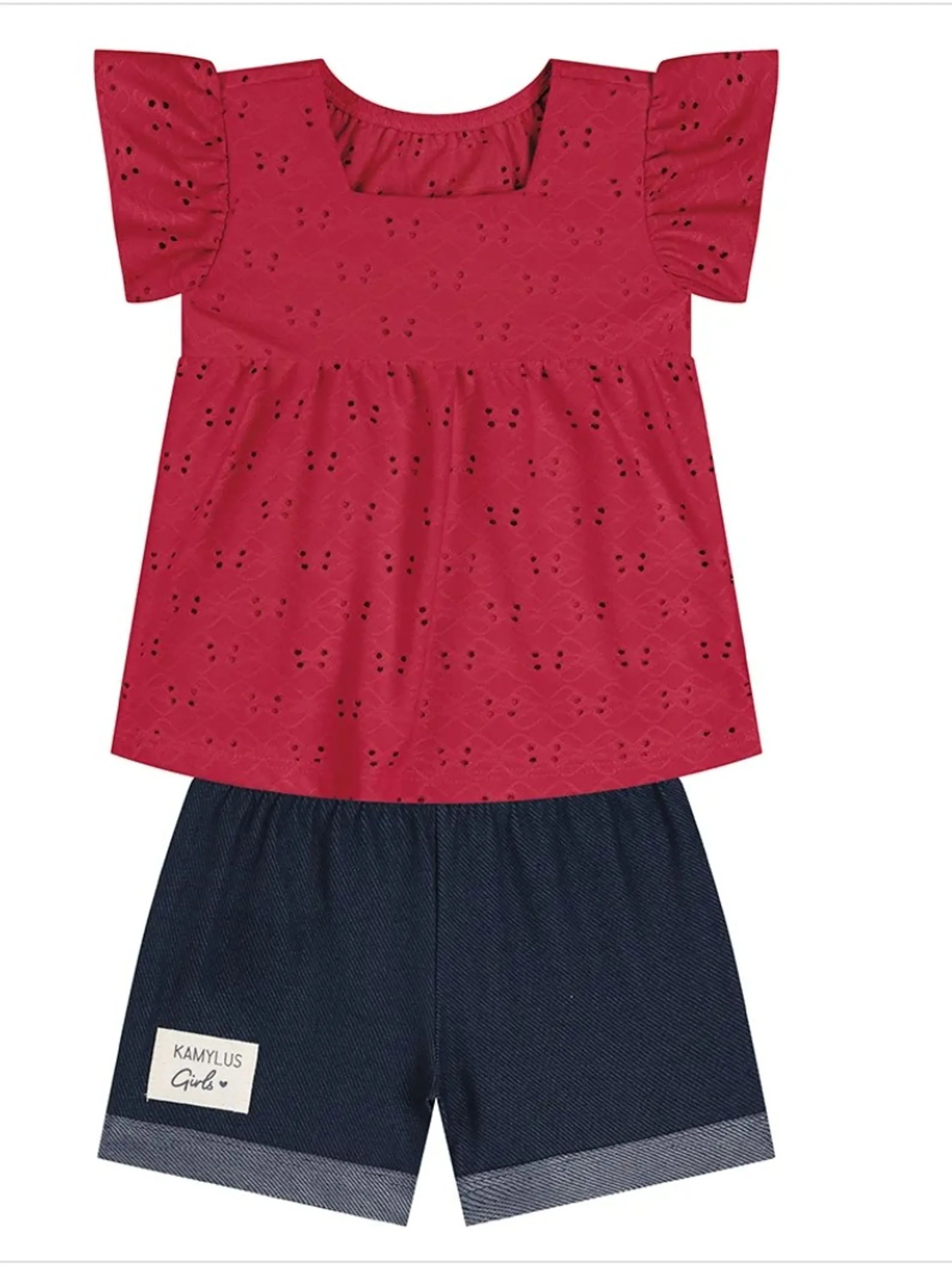 Conjunto Infantil com blusa de laise e cotton vermelho