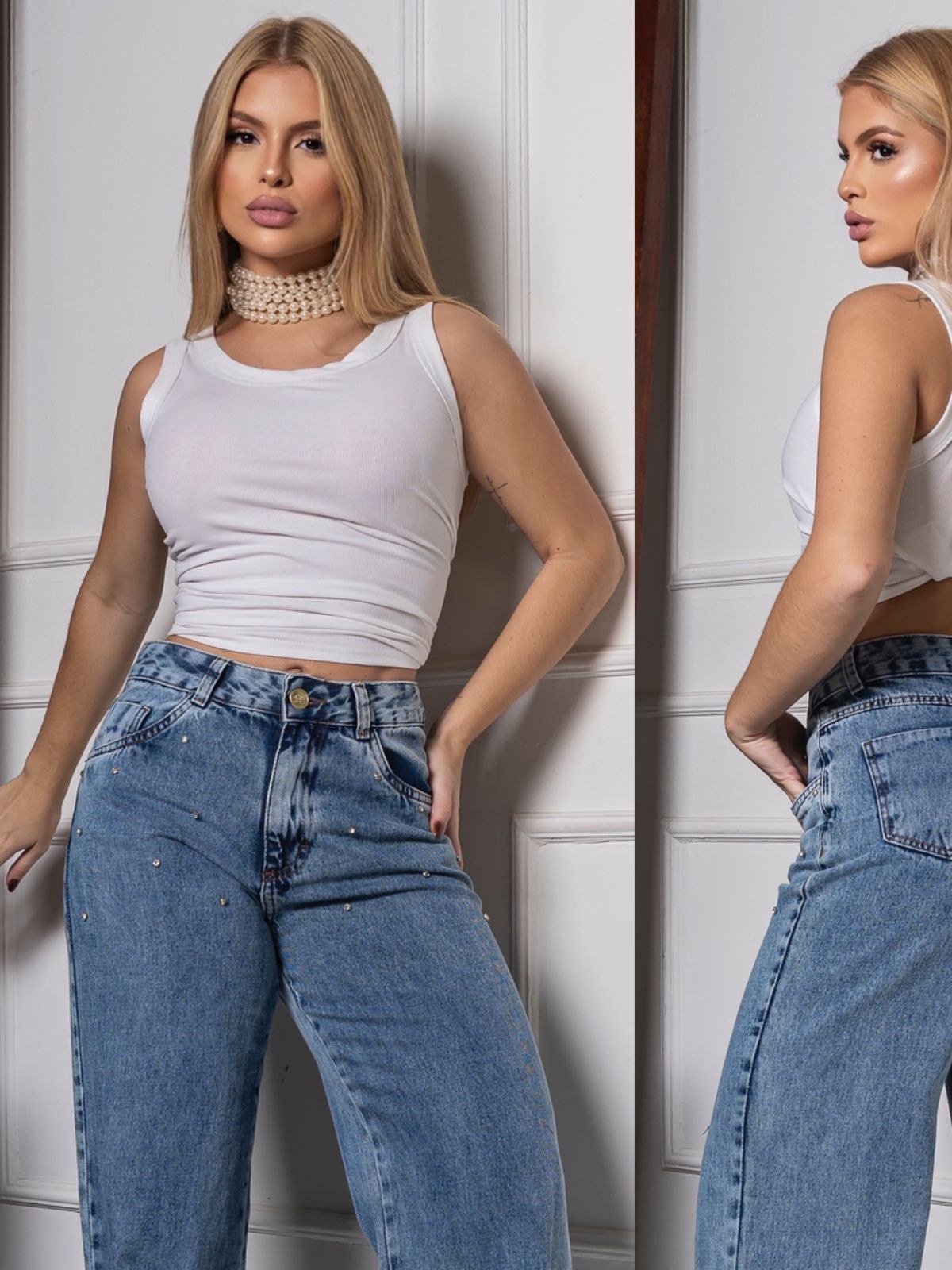 Calca jeans wide leg com pedrarias