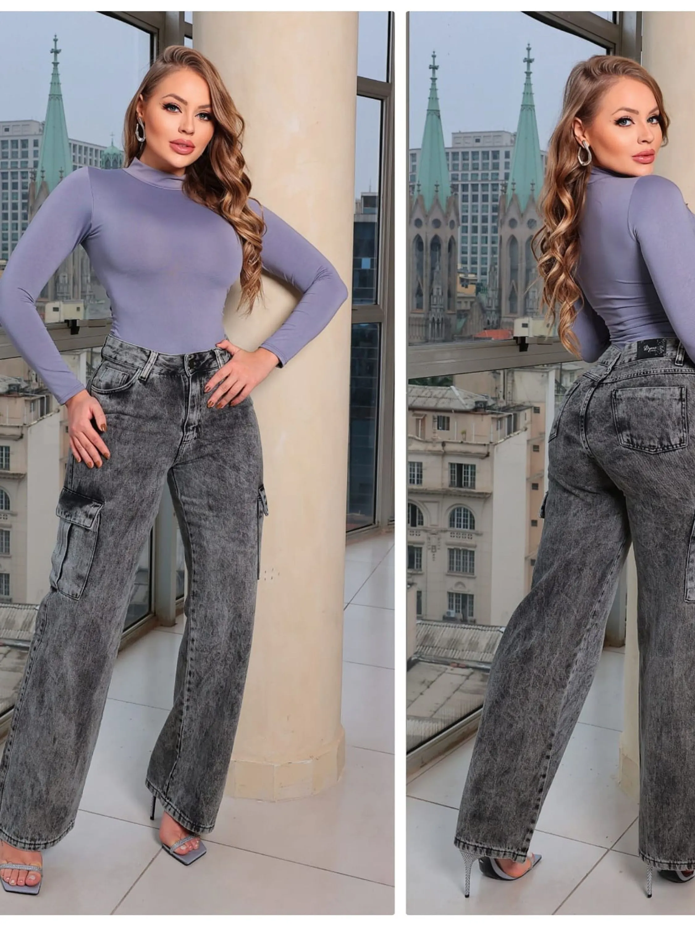 Calça Jeans wide Leg Cargo