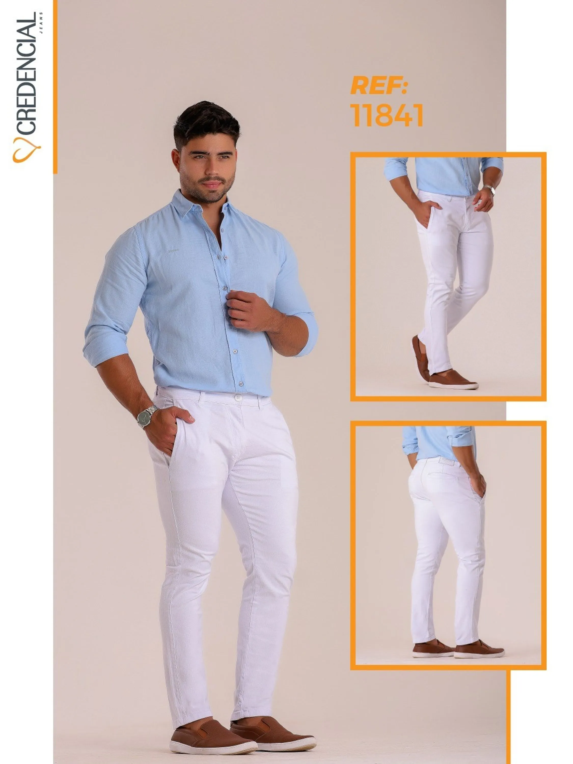 Calça Masculina de Sarja slim Branca Bolso Faca