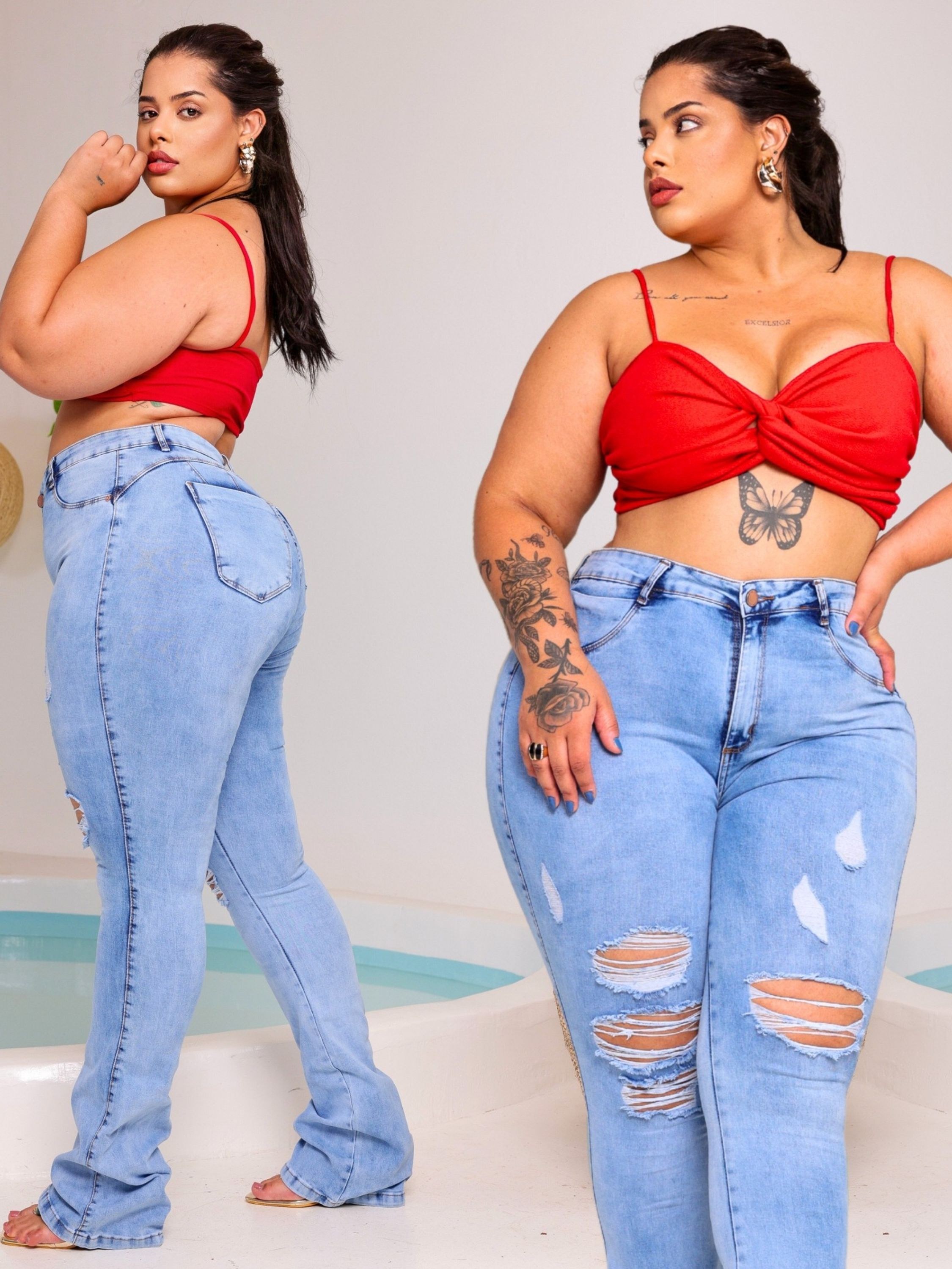 Calça Jeans Rasgada Plus Size Flare