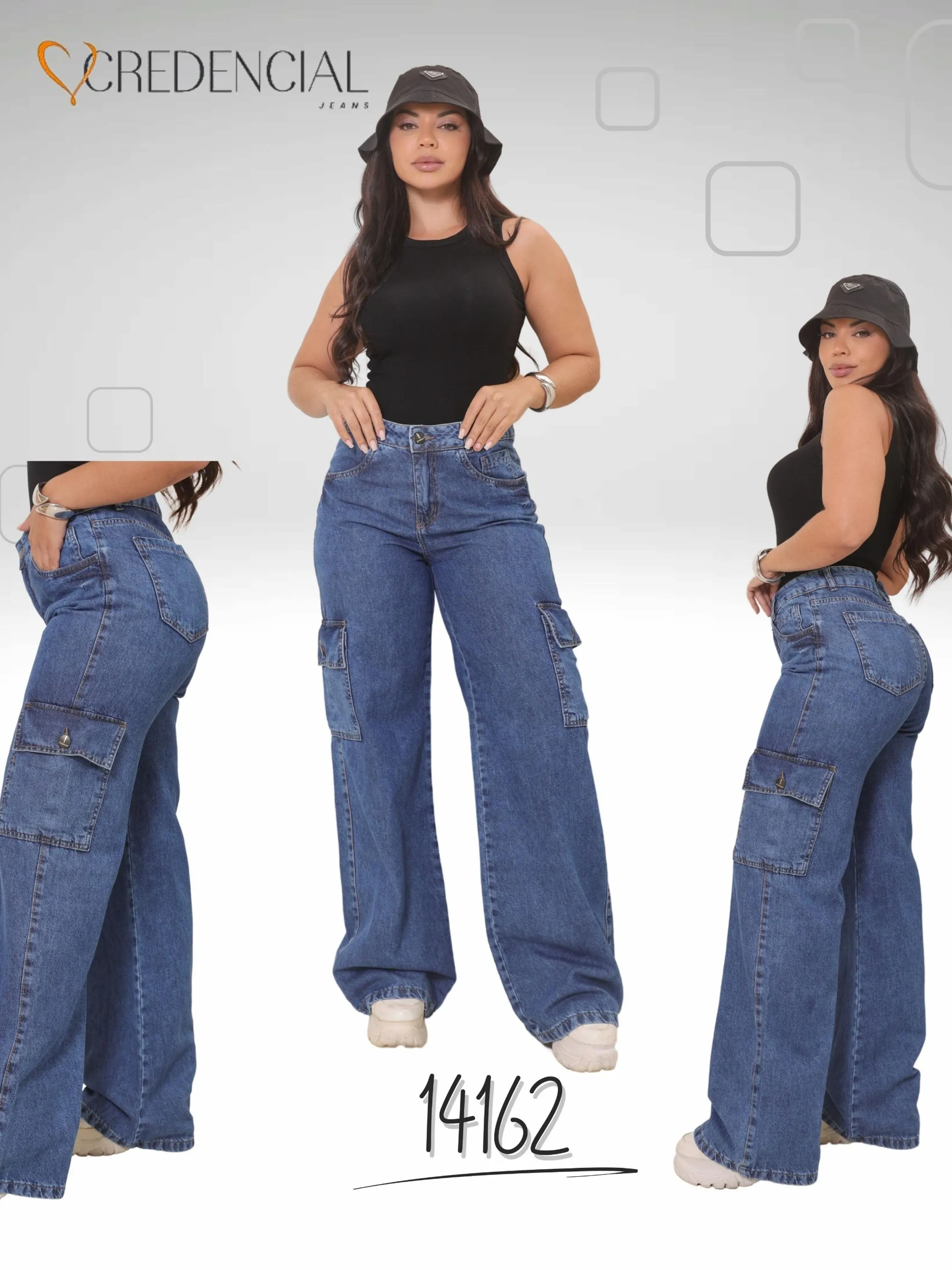 Calça Jeans Feminina Wide leg Cargo