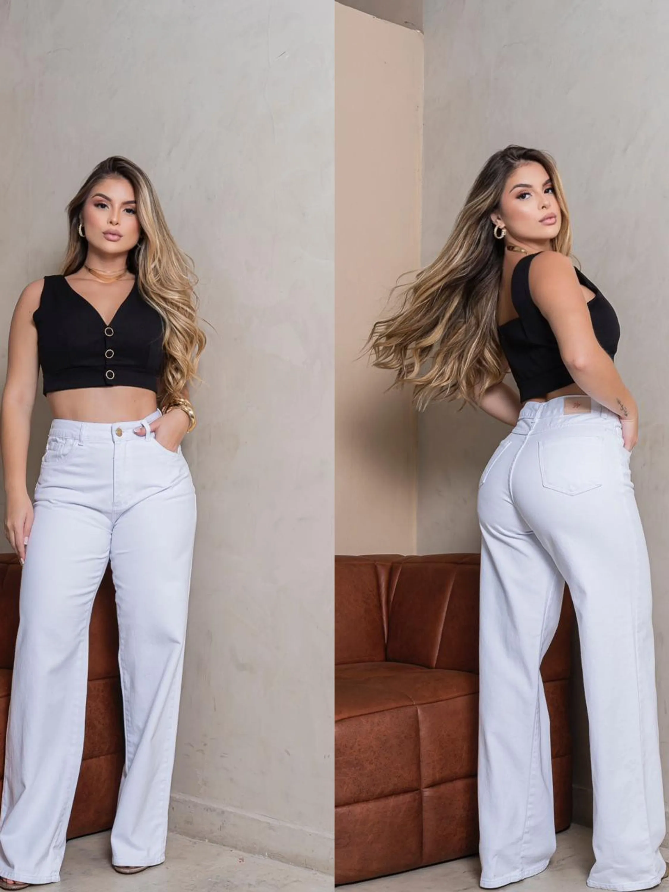 Calça Branca Wide Leg Cintura Alta
