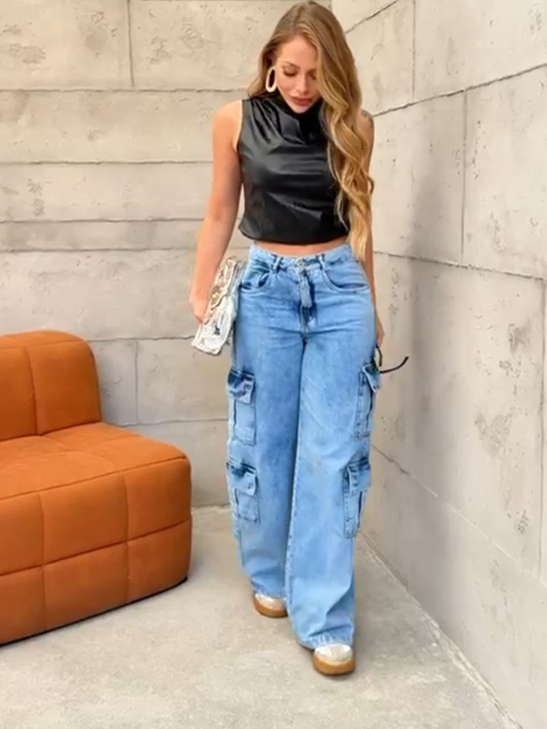 Calça Jeans feminina wide leg cargo