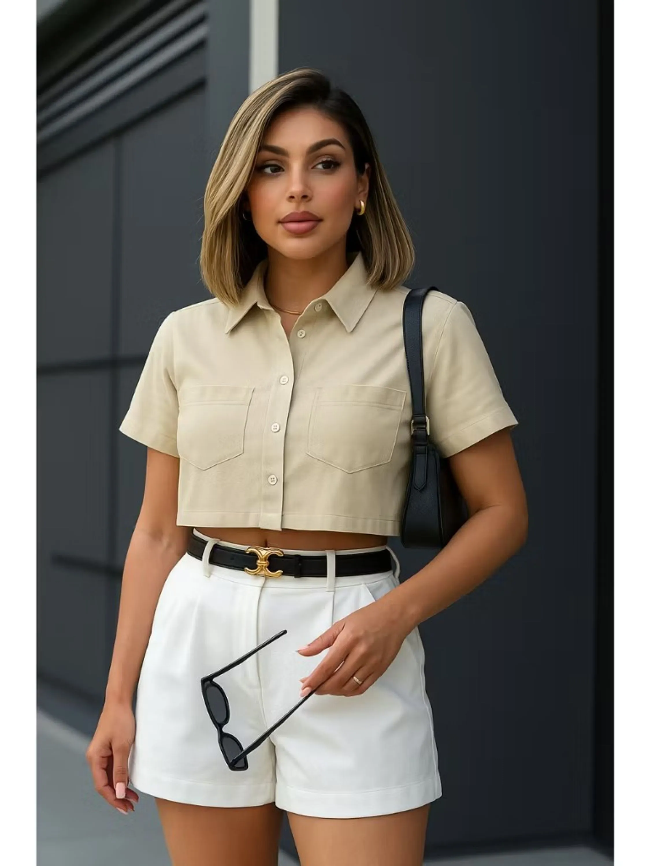 Cropped Camisa Feminina em Seda Lisa com Bolsos Importada