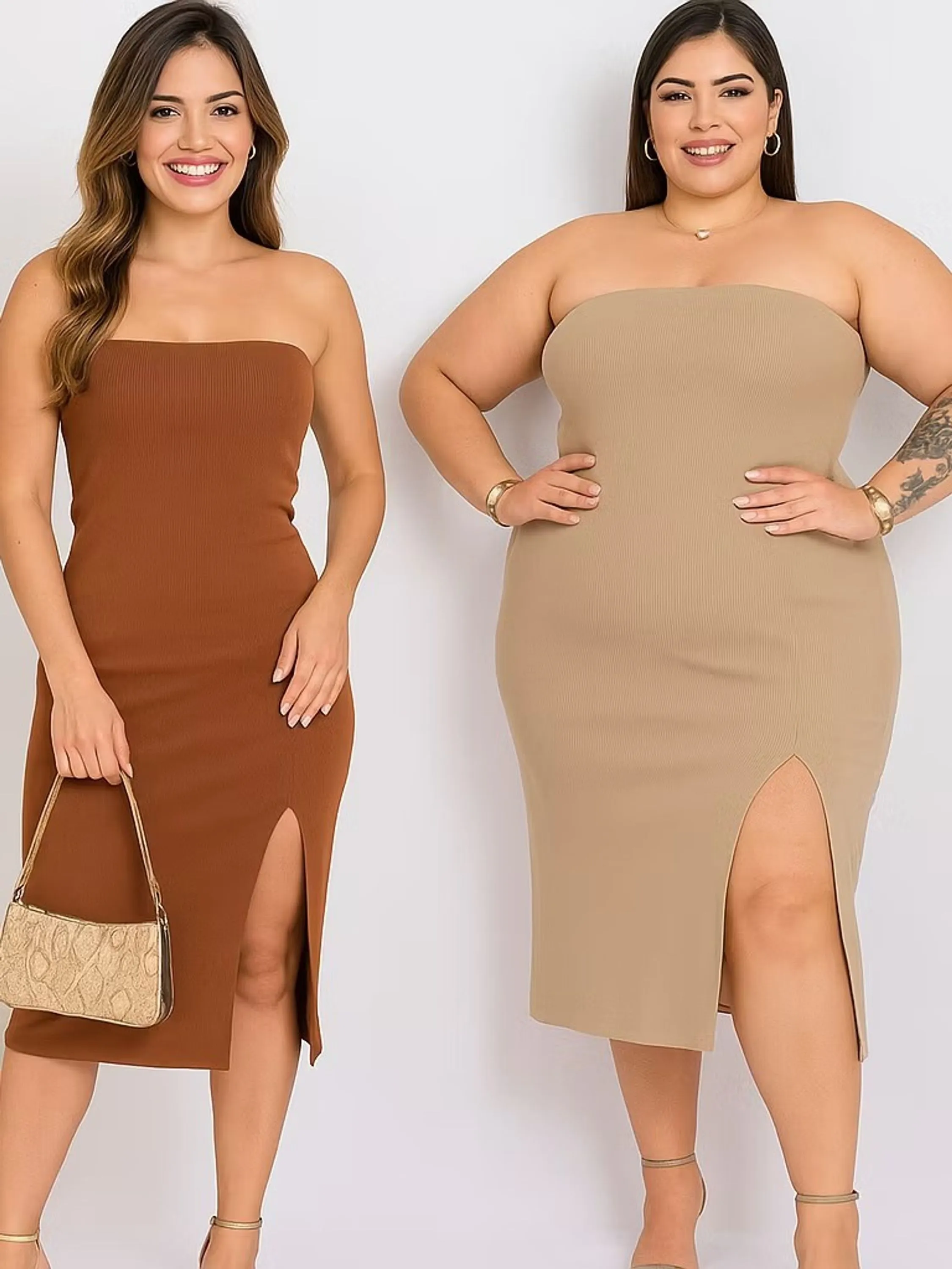 Vestido midi tomara que caia canelado ribana Slim e Plus