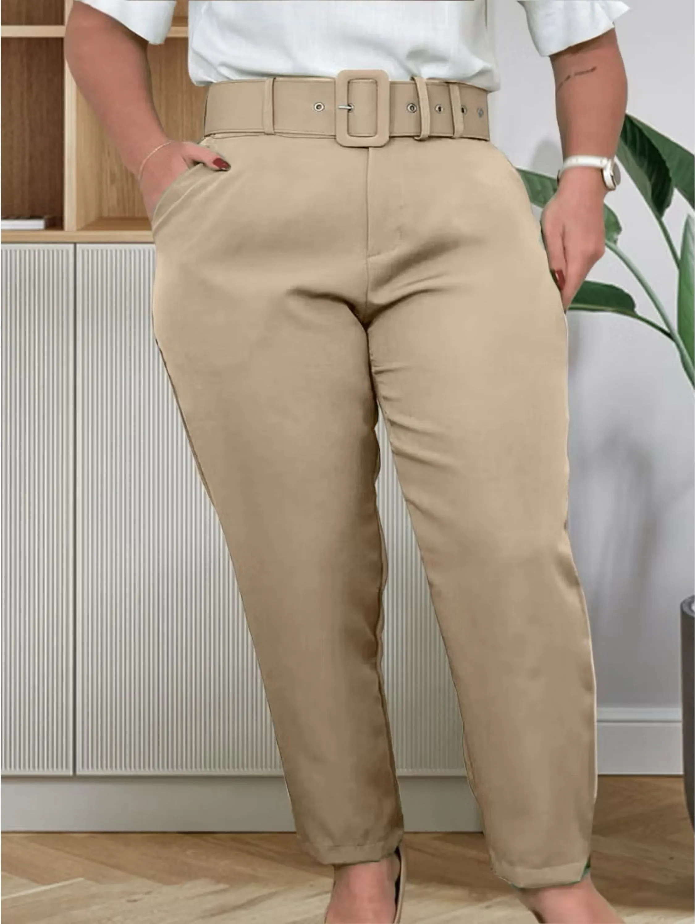 Calça Plus Size Alfaiataria Com Cinto G1 G2 G3