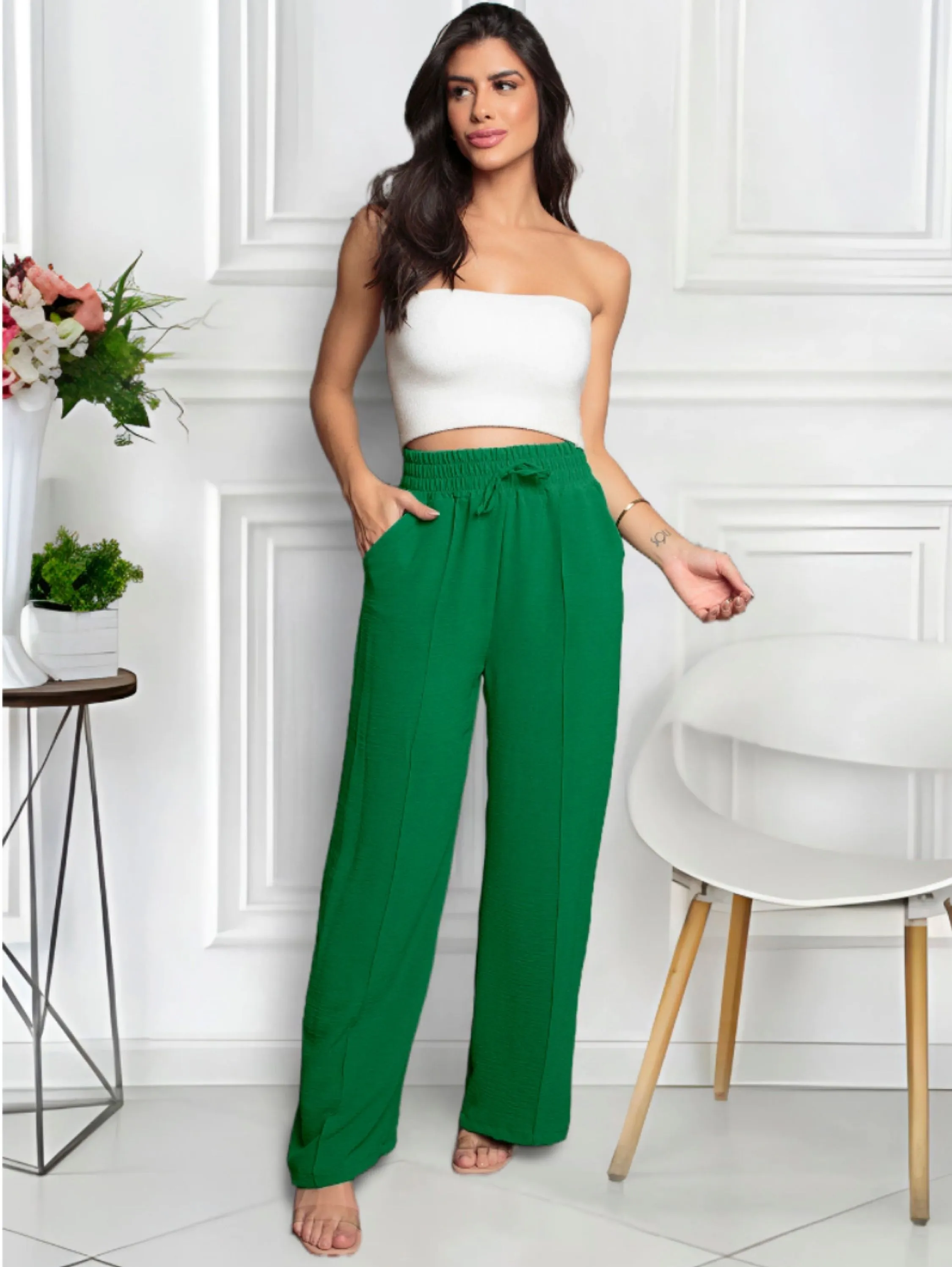 Calça Pantalona Duna Cintura Alta Elastico Moda Feminina