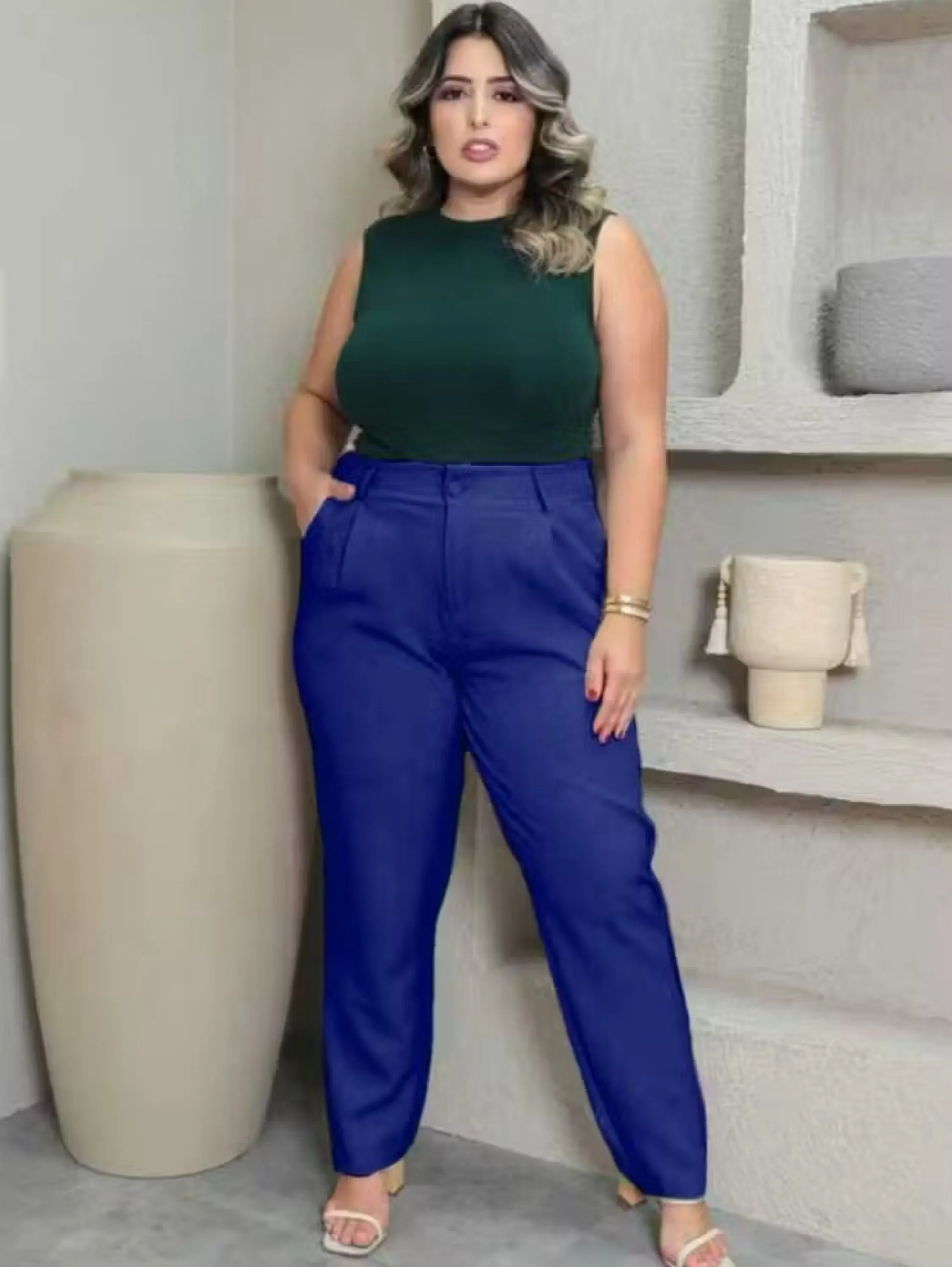 Calça Alfaiataria Plus Size Reta Feminina Elegante 004